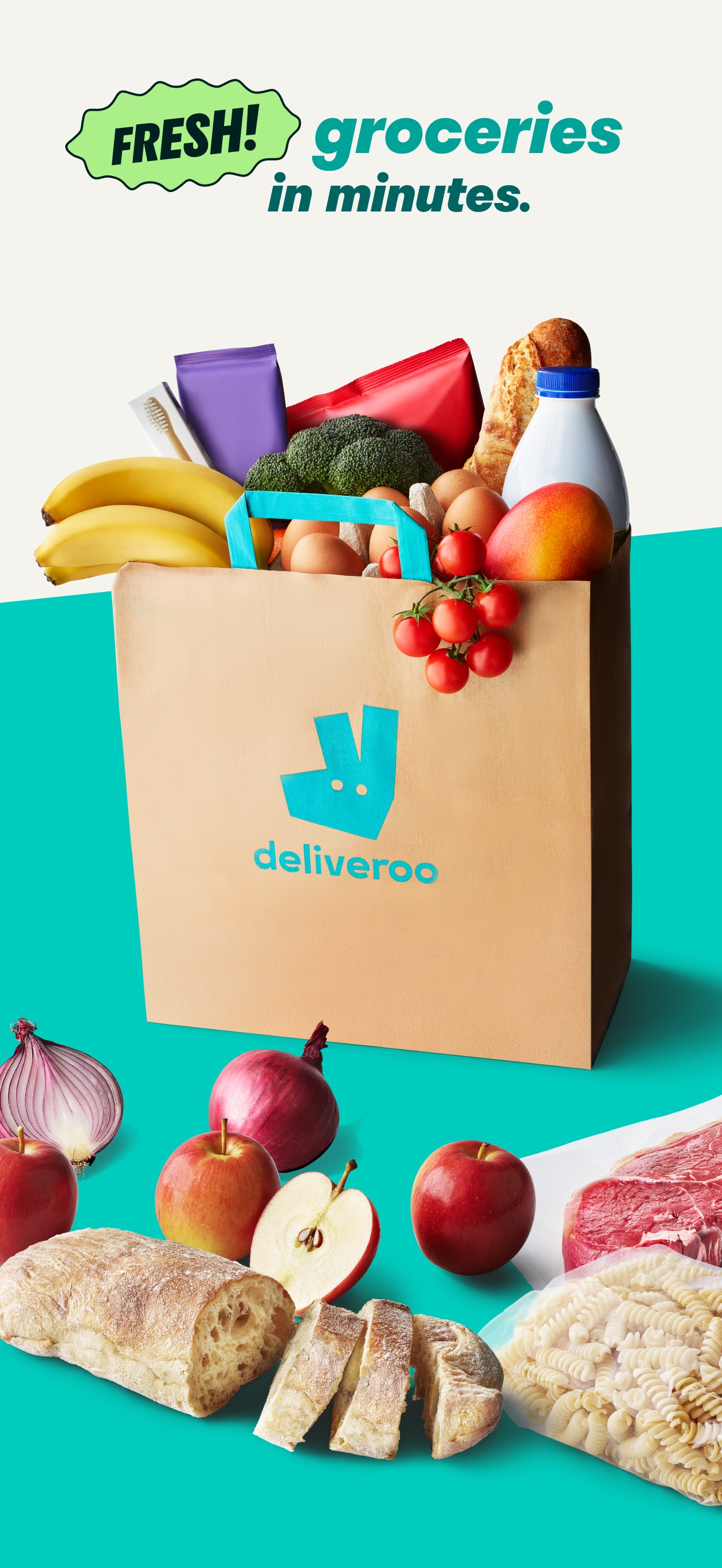 Deliveroo App Store screenshot: FRESH! groceries in minutes.