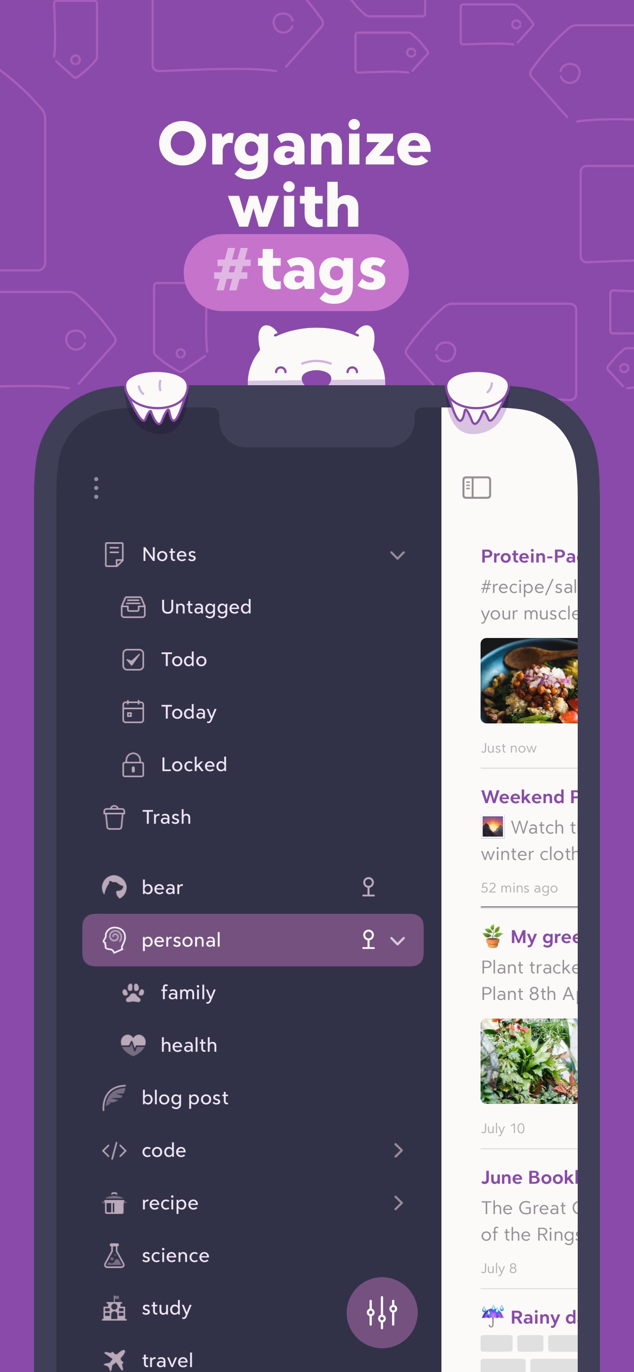 Bear App Store screenshot: Organize with #tags