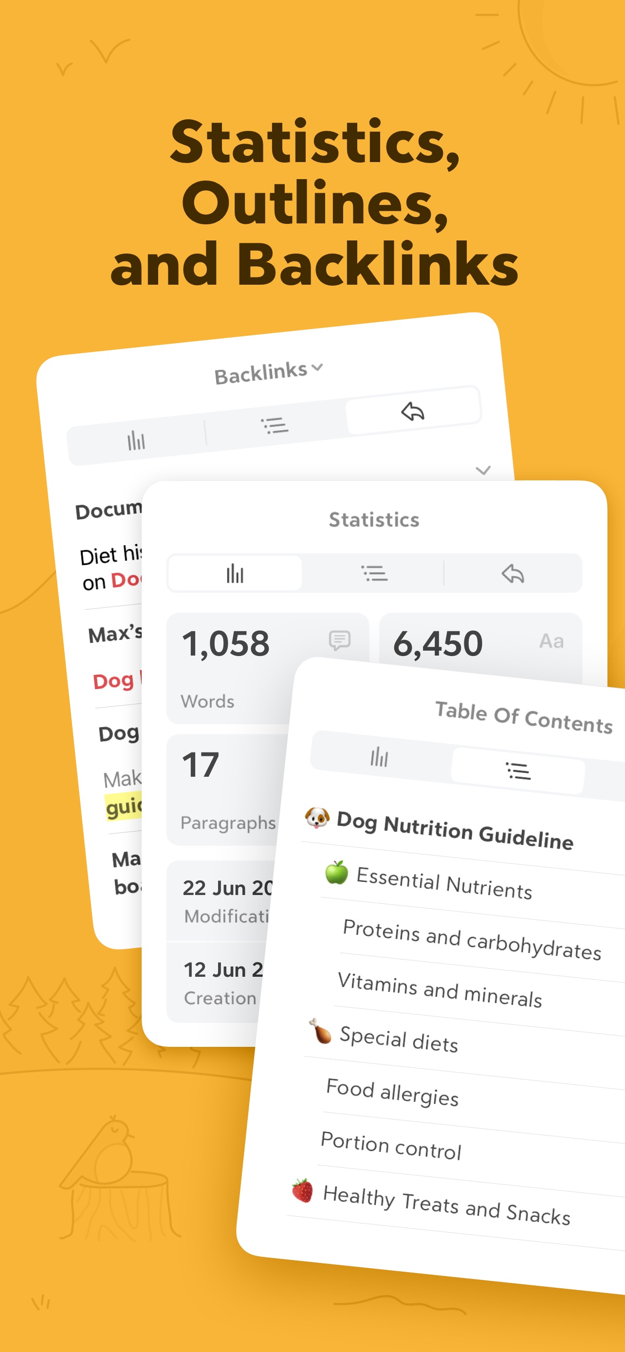 Bear App Store screenshot: Statistics, Outlines, and Backlinks