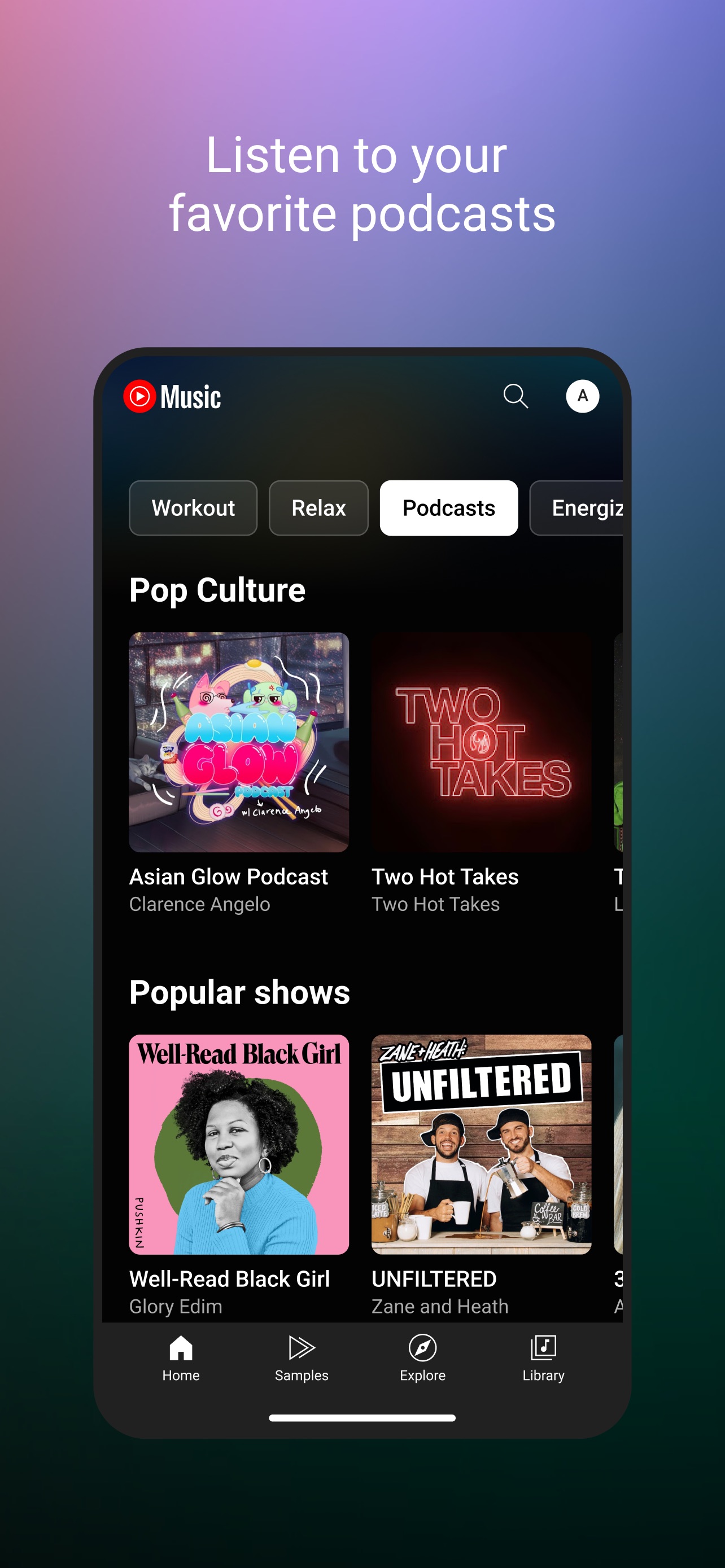 YouTube Music App Store screenshot: Listen to your favorite podcasts