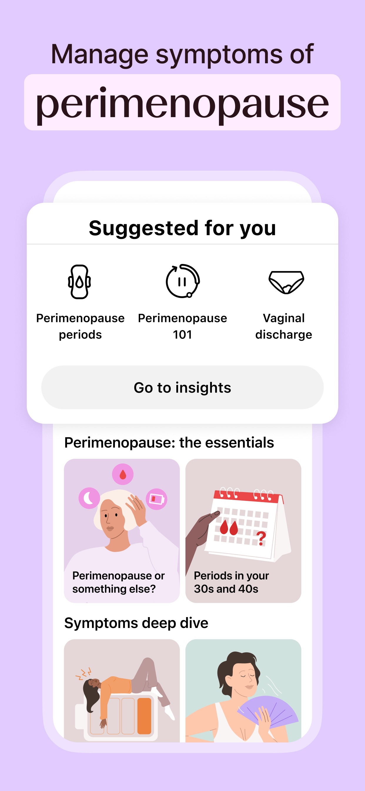 Flo App Store screenshot: Manage symptoms of perimenopause