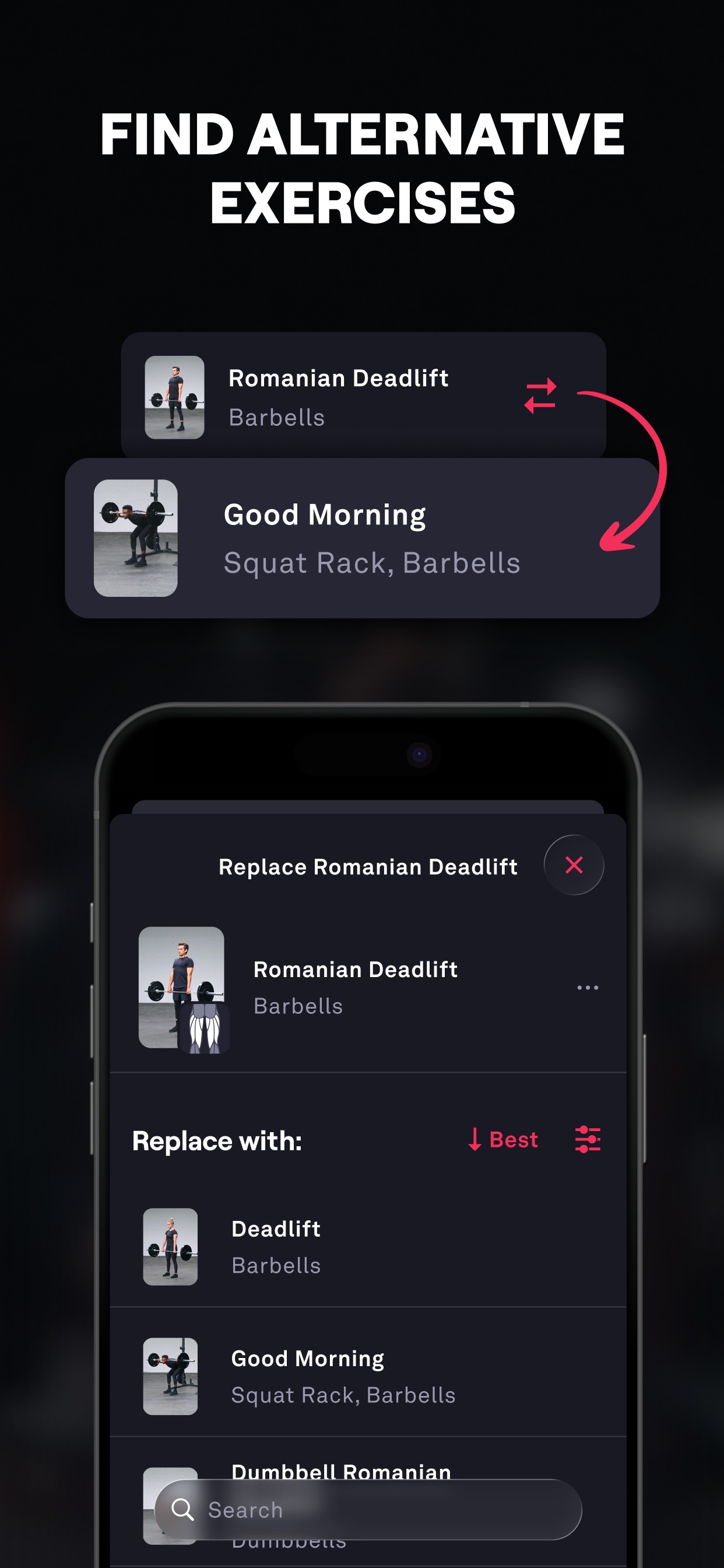 Fitbod App Store screenshot 9: FIND ALTERNATIVE EXERCISES