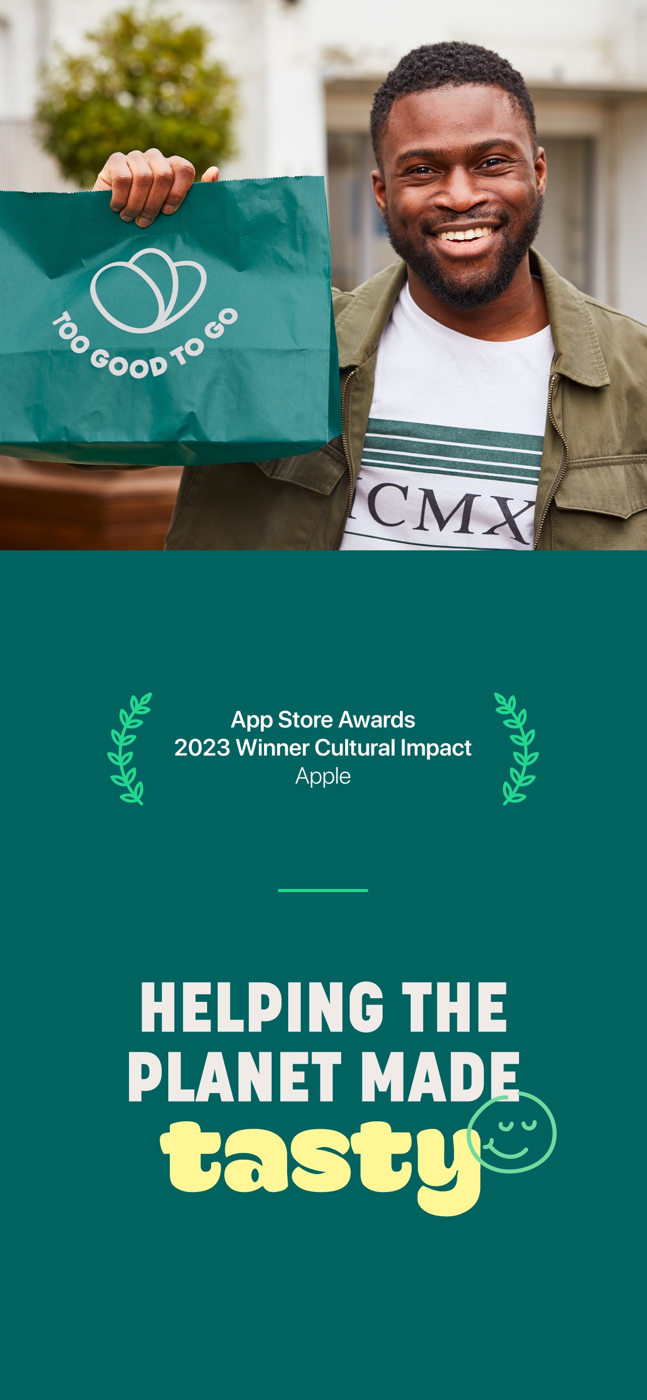 Too Good To Go App Store screenshot: App Store Awards 2023 Winner Cultural Impact Apple HELPING THE PLANET MADE tasty