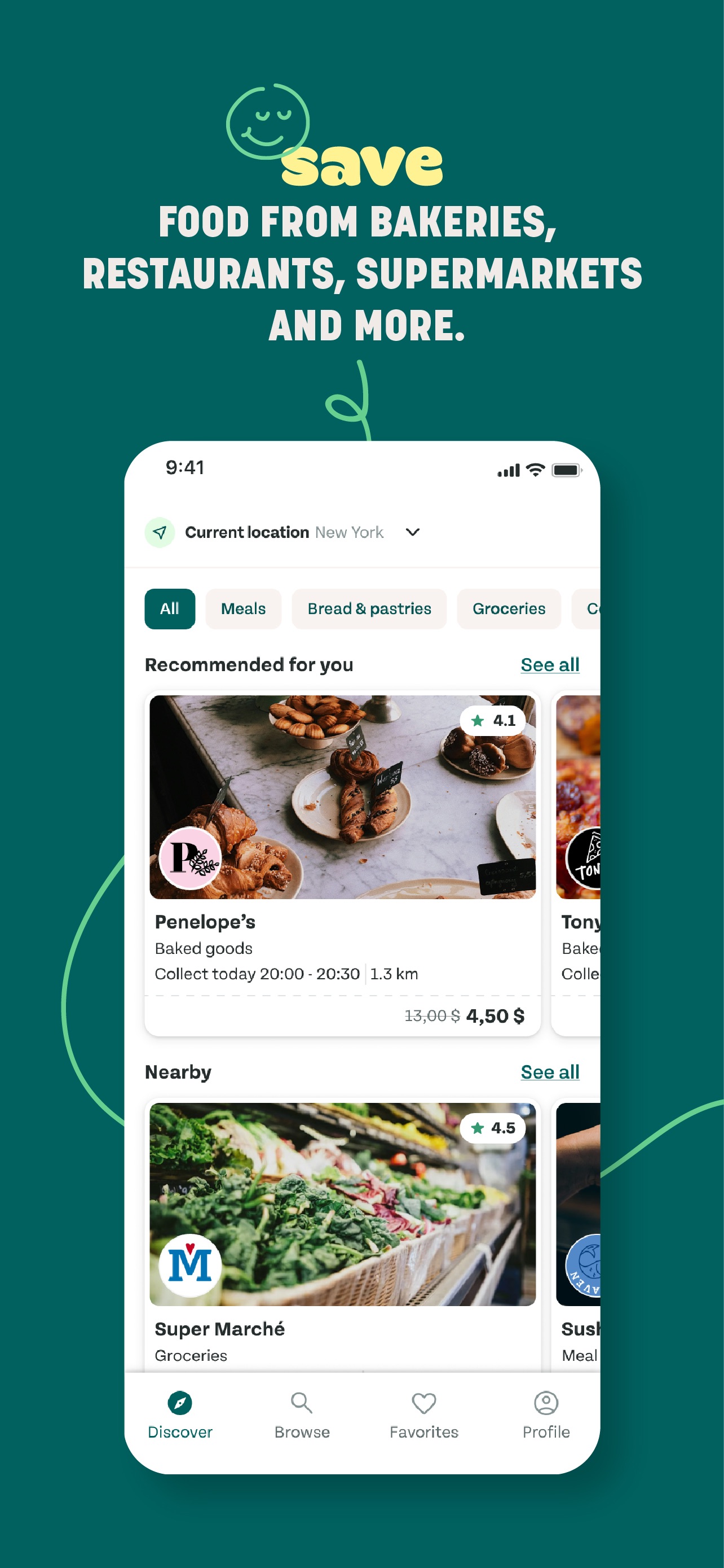Too Good To Go App Store screenshot: save FOOD FROM BAKERIES, RESTAURANTS, SUPERMARKETS AND MORE.