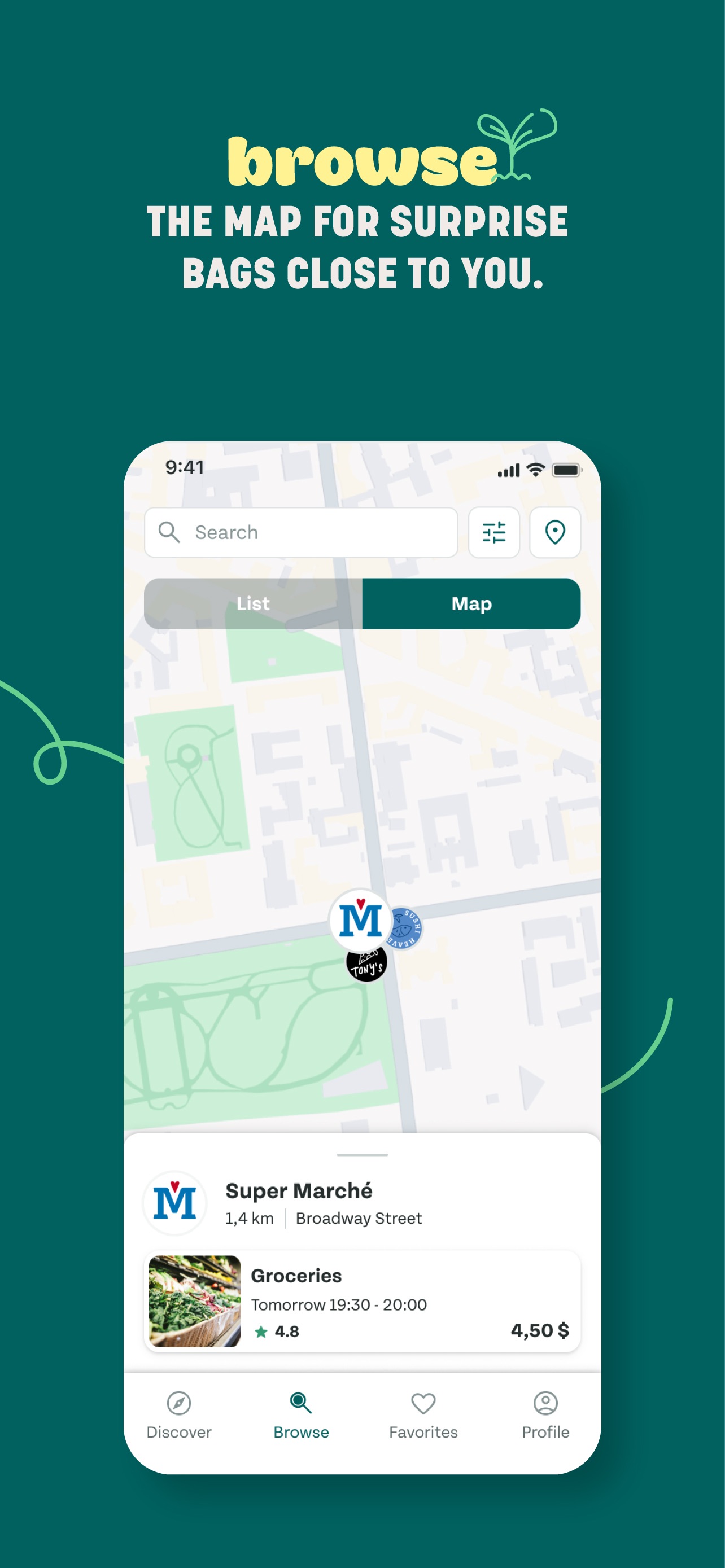 Too Good To Go App Store screenshot 6: browse THE MAP FOR SURPRISE BAGS CLOSE TO YOU.