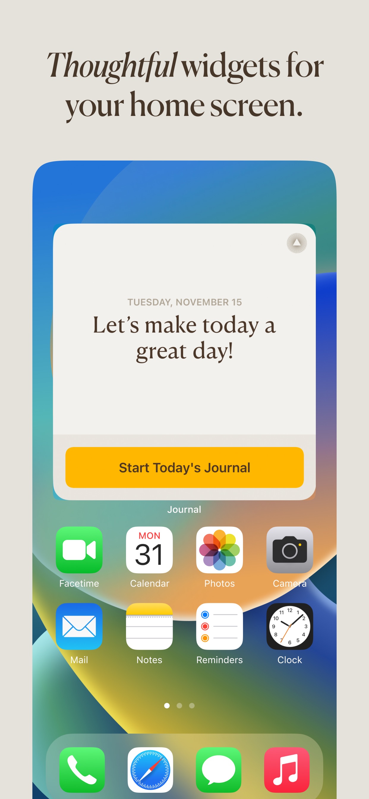 5 Minute Journal App Store screenshot: Thoughtful widgets for your home screen.