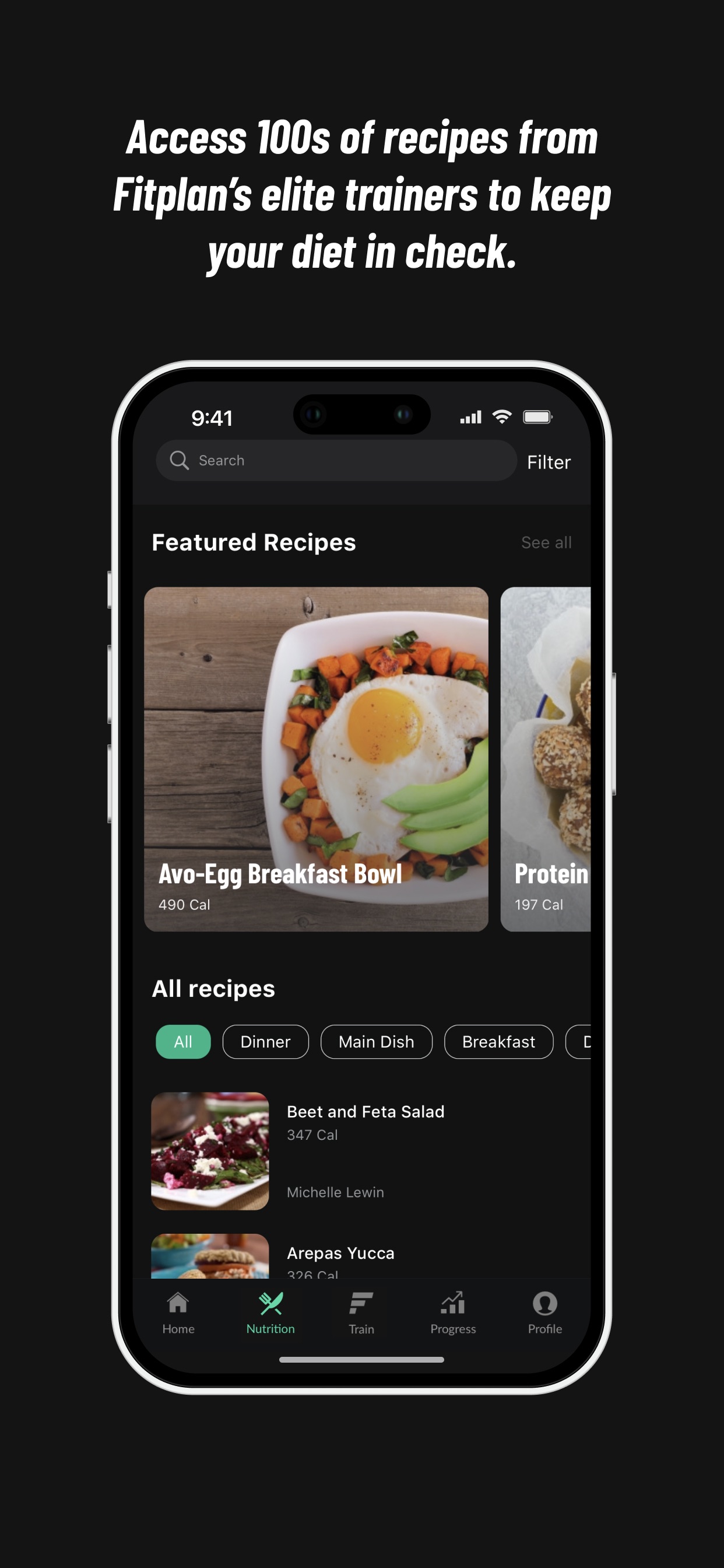 Fitplan App Store screenshot: Access 100s of recipes from Fitplan’s elite trainers to keep your diet in check.