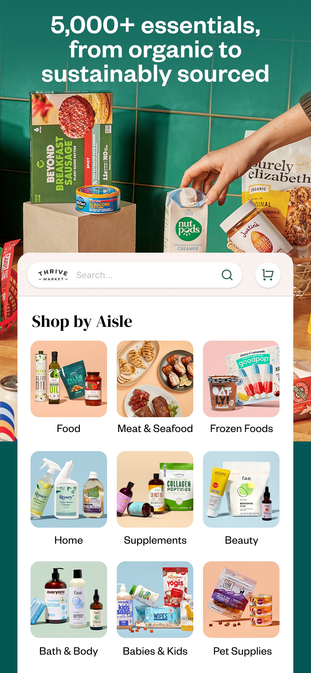 Thrive Market App Store screenshot: 5,000+ essentials, from organic to sustainably sourced