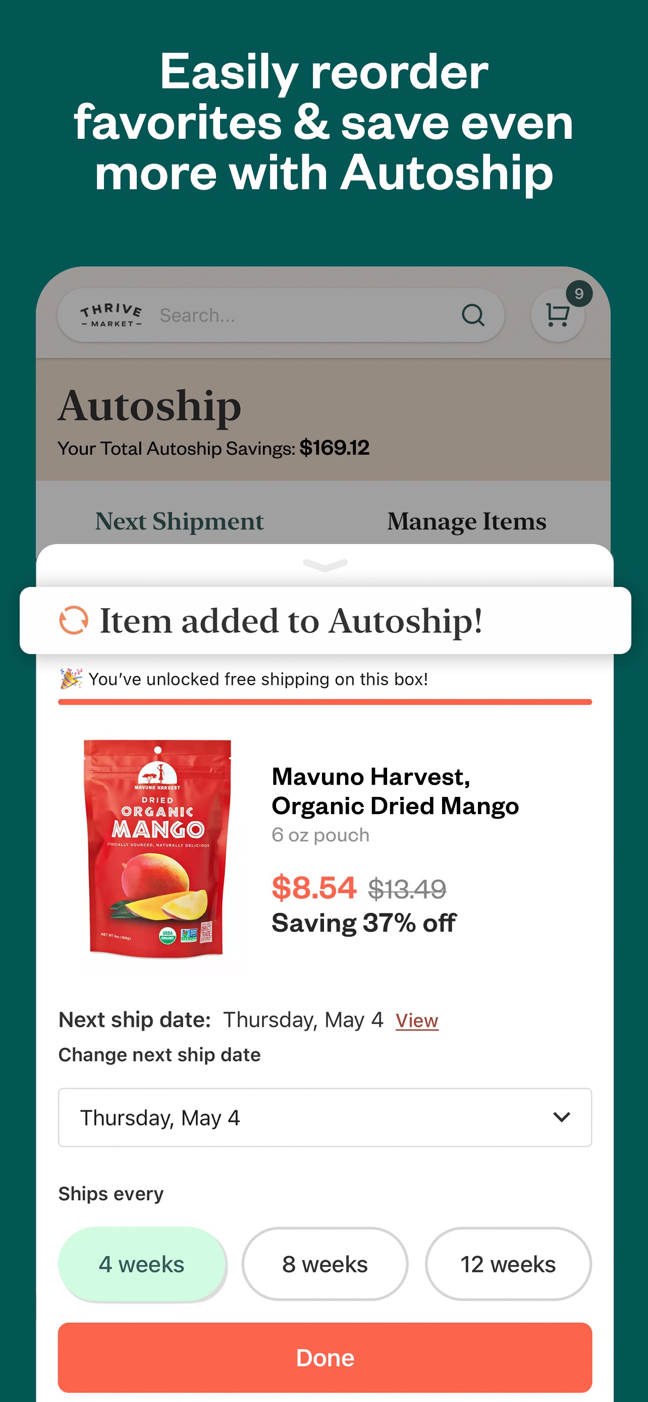 Thrive Market App Store screenshot 5: Easily reorder favorites & save even more with Autoship
