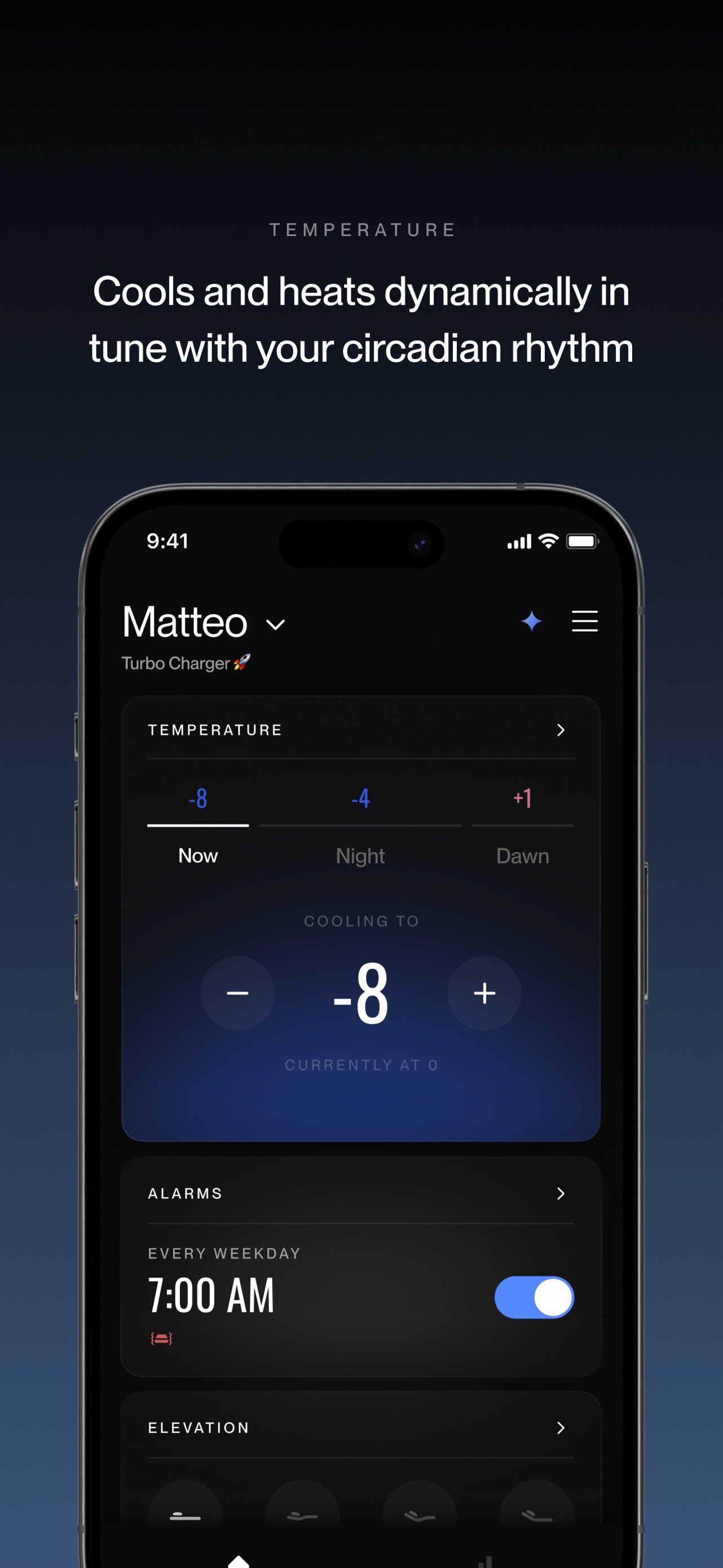 Eight Sleep App Store screenshot: TEMPERATURE Cools and heats dynamically in tune with your circadian rhythm