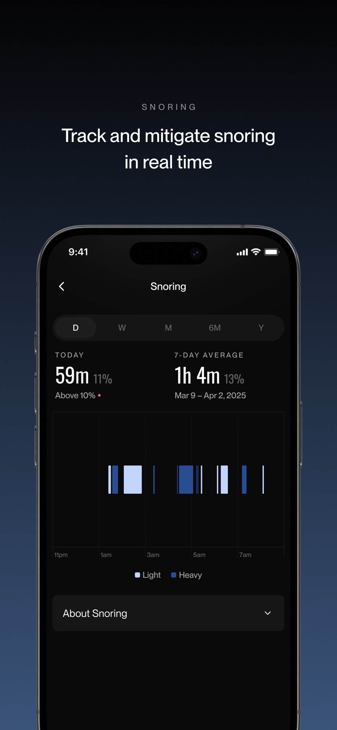 Eight Sleep App Store screenshot 5: SNORING Track and mitigate snoring in real time