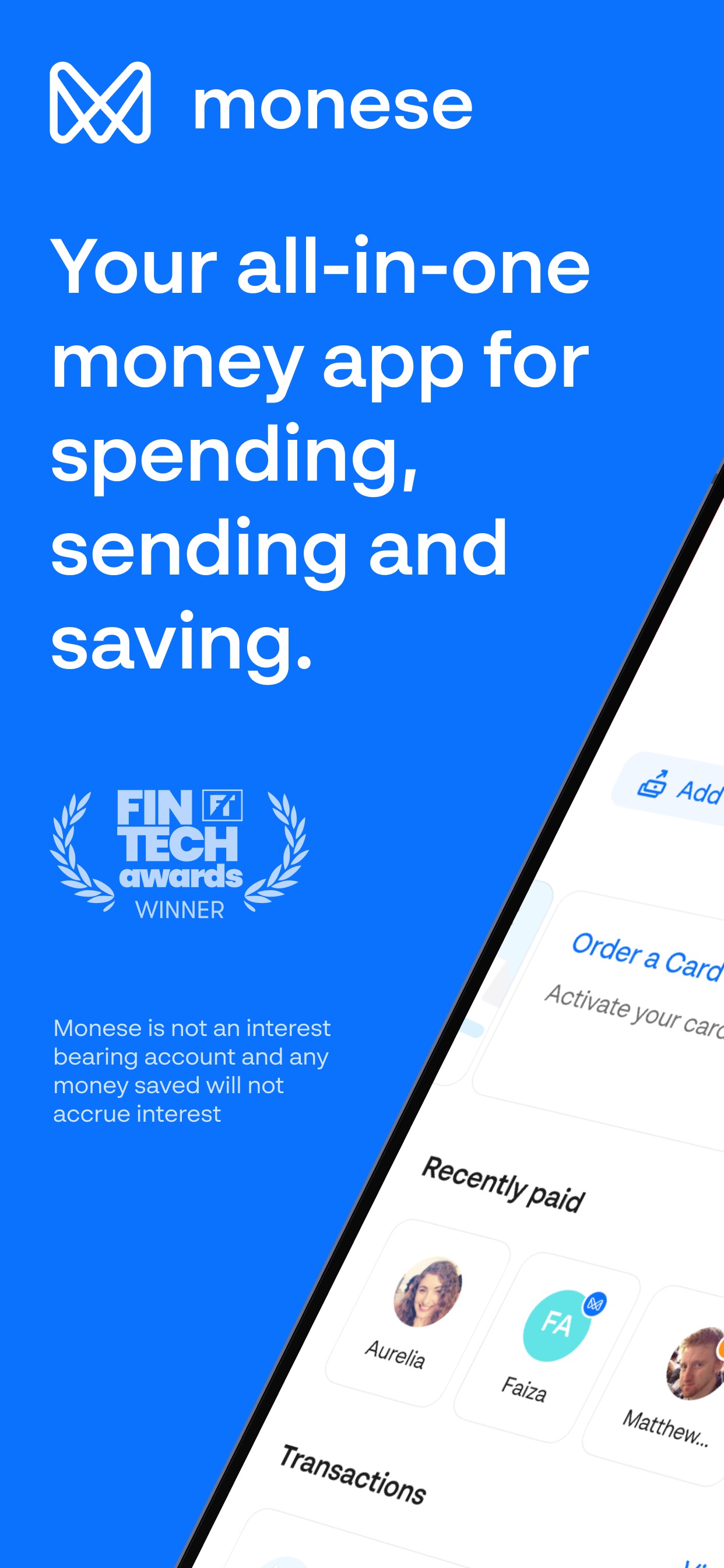 Monese App Store screenshot: Your all-in-one money app for spending, sending and saving.