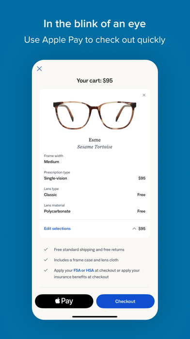 Warby Parker App Store screenshot 6: In the blink of an eye
Use Apple Pay to check out quickly