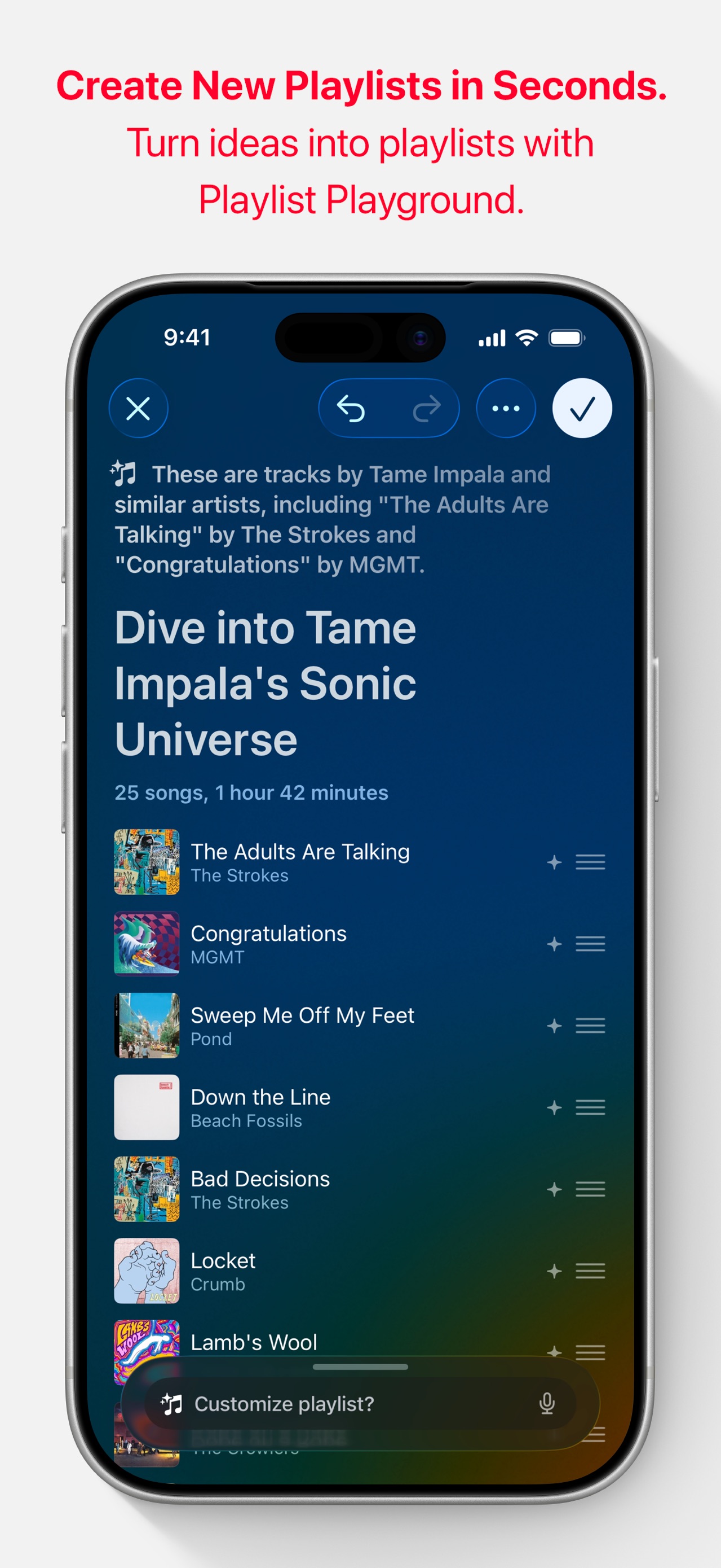 Apple Music App Store screenshot: Create New Playlists in Seconds. Turn ideas into playlists with Playlist Playground.