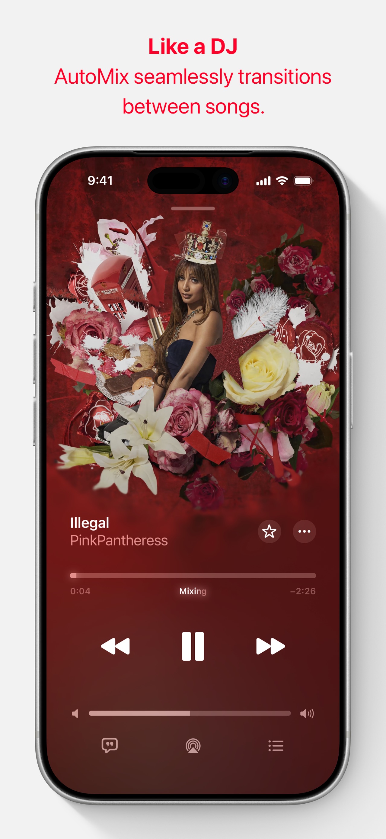 Apple Music App Store screenshot: Like a DJ AutoMix seamlessly transitions between songs.