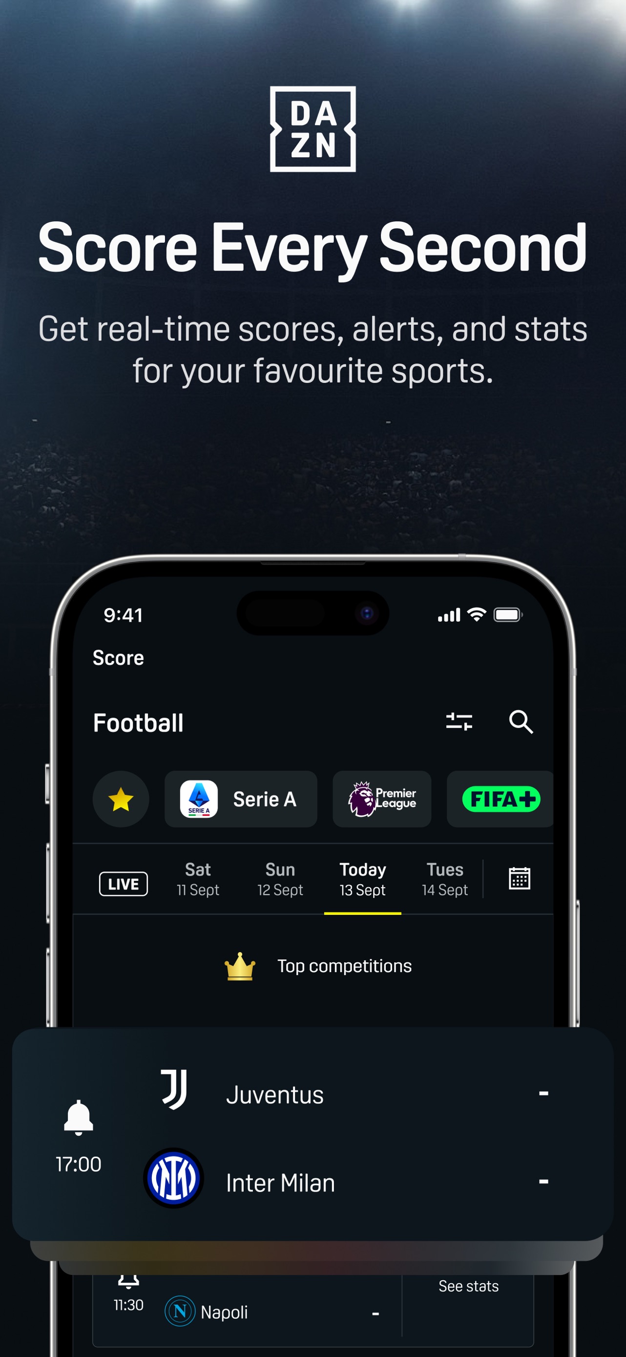 DAZN App Store screenshot: Score Every Second

Get real-time scores, alerts, and stats for your favourite sports.