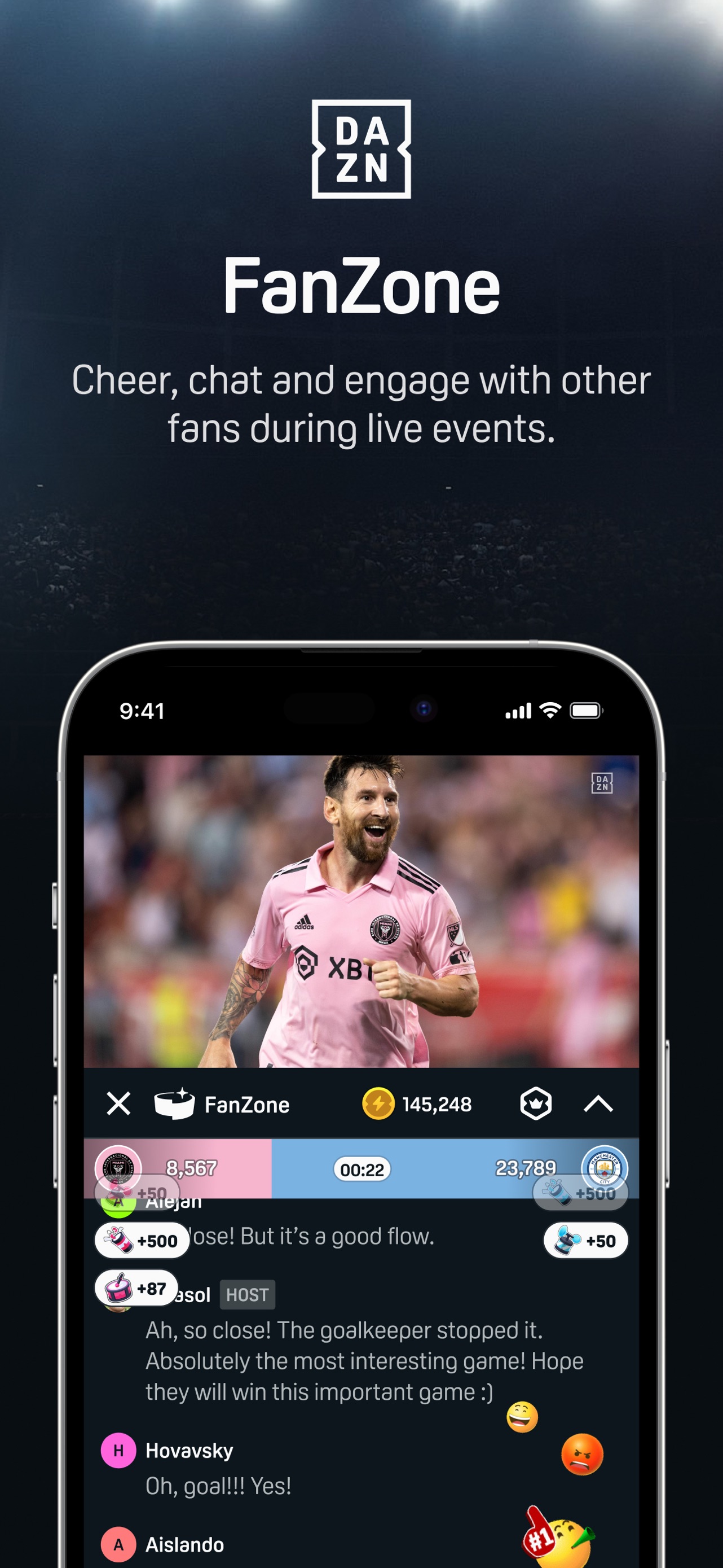 DAZN App Store screenshot: FanZone

Cheer, chat and engage with other fans during live events.