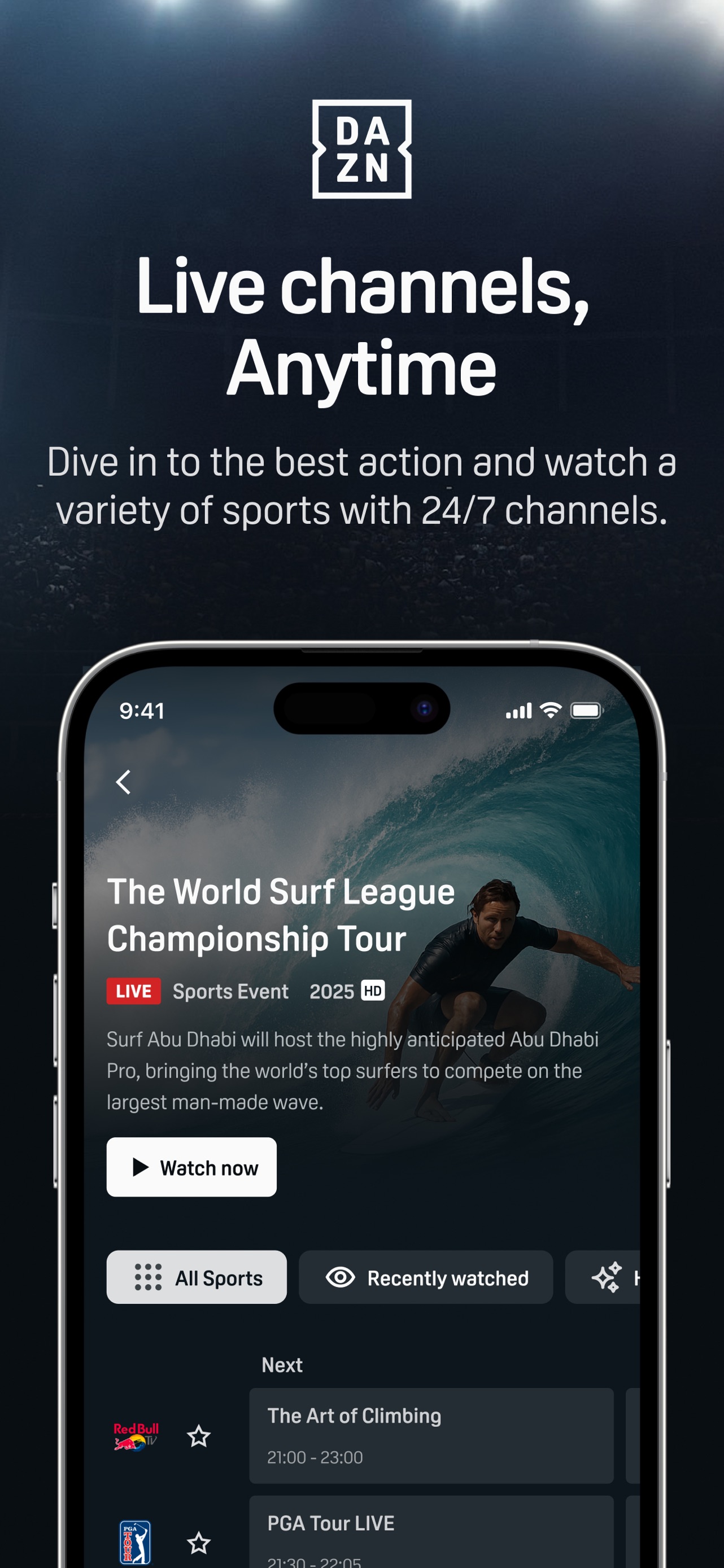 DAZN App Store screenshot 9: Live channels, Anytime

Dive in to the best action and watch a variety of sports with 24/7 channels.