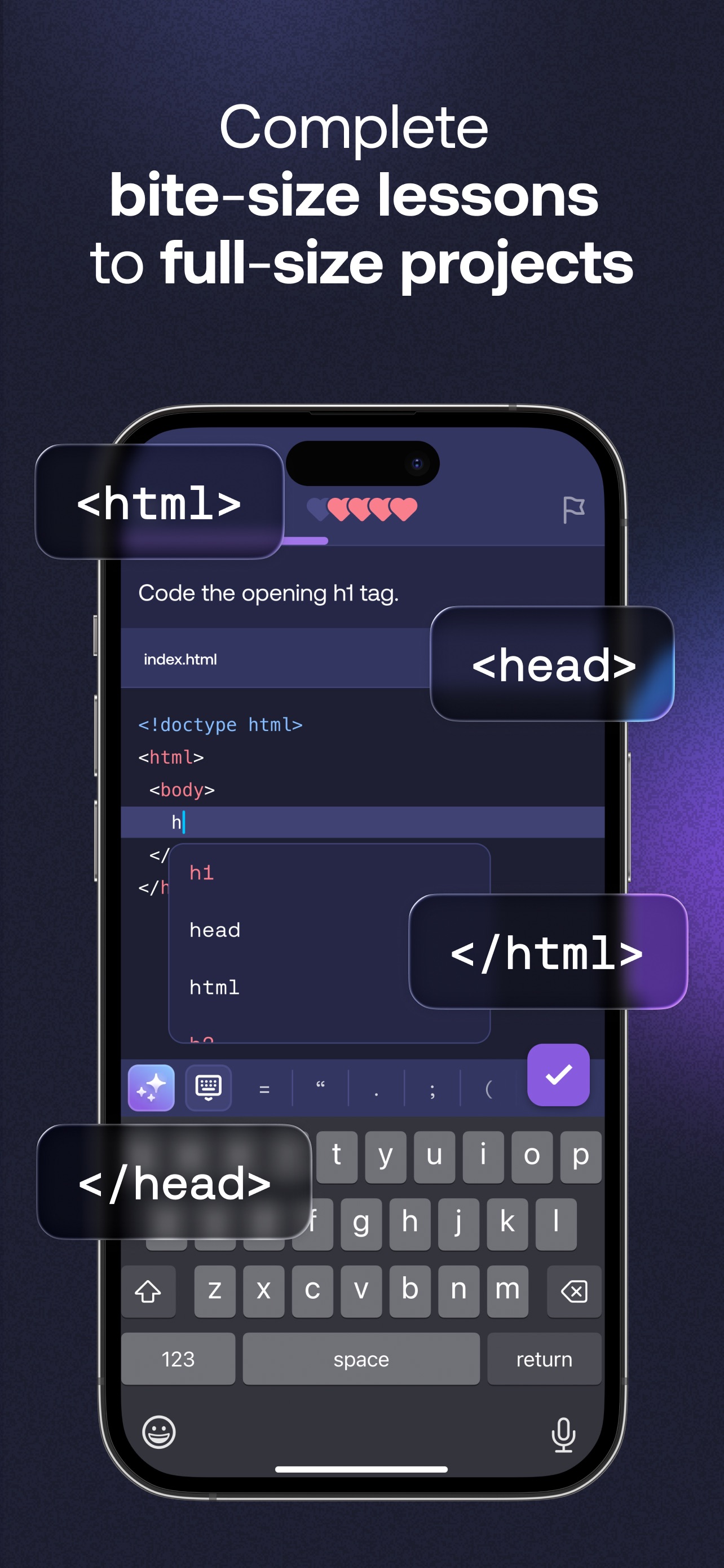 Mimo App Store screenshot: Complete bite-size lessons to full-size projects