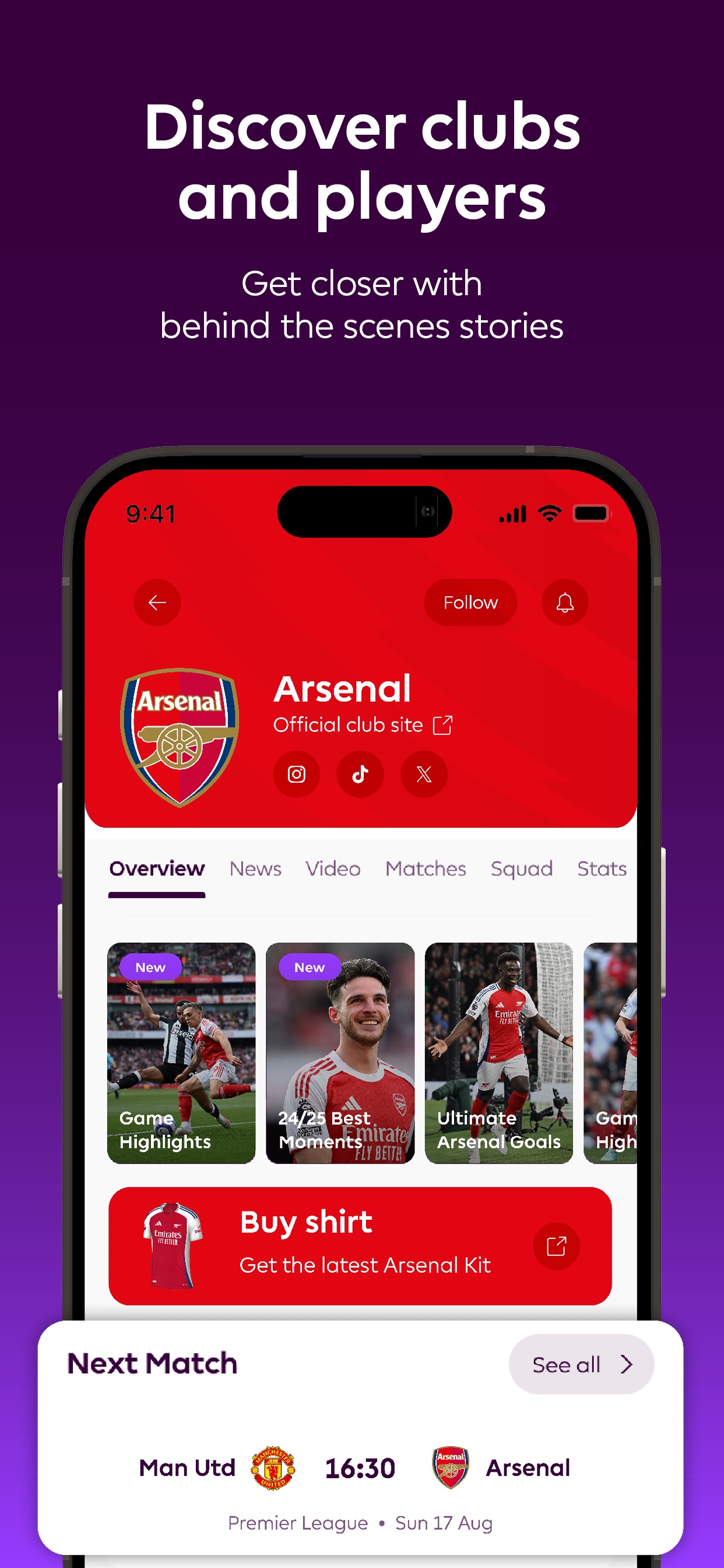 Premier League App Store screenshot 9: Discover clubs and players

Get closer with behind the scenes stories
