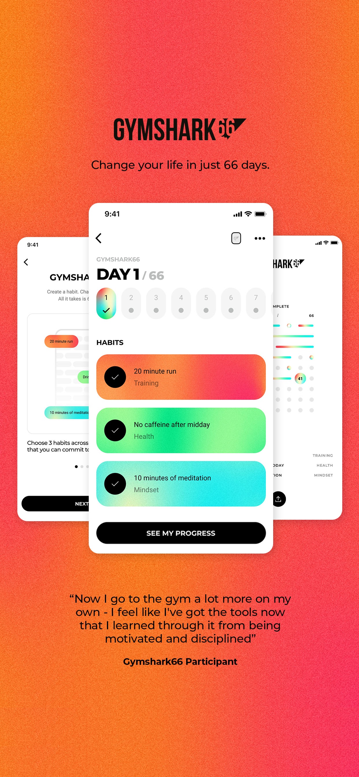 Gymshark Training and Fitness App Store screenshot: Change your life in just 66 days.
