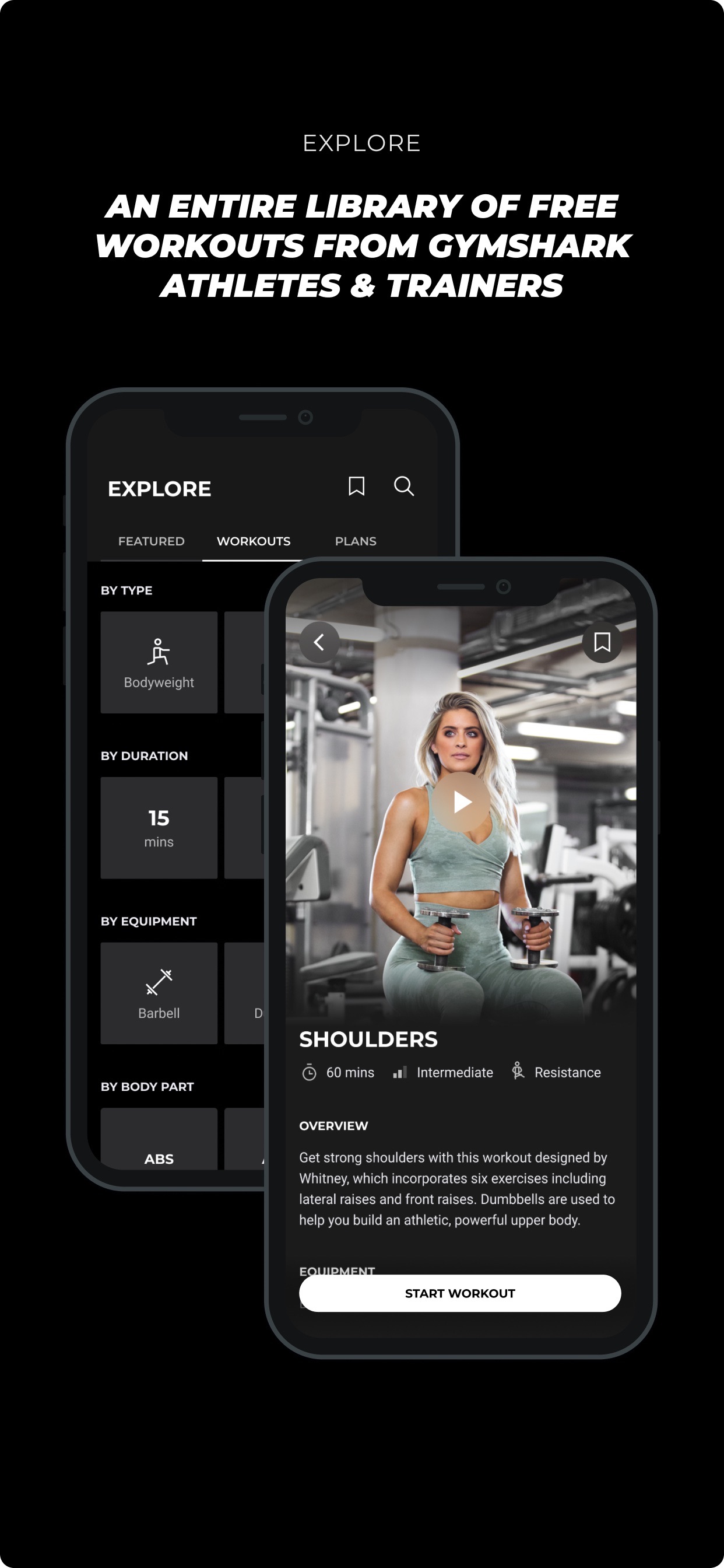 Gymshark Training and Fitness App Store screenshot: AN ENTIRE LIBRARY OF FREE WORKOUTS FROM GYMSHARK ATHLETES & TRAINERS