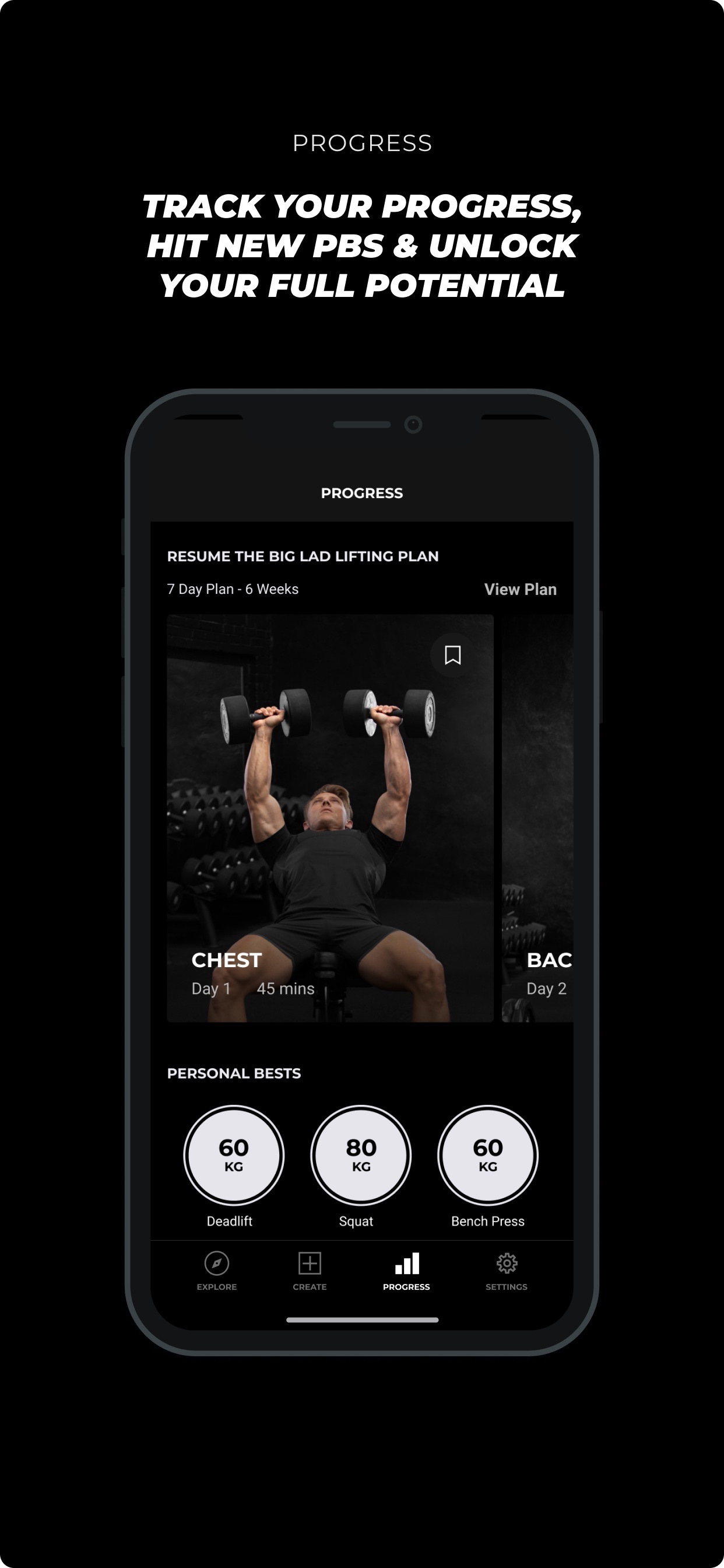 Gymshark Training and Fitness App Store screenshot 5: TRACK YOUR PROGRESS, HIT NEW PBS & UNLOCK YOUR FULL POTENTIAL