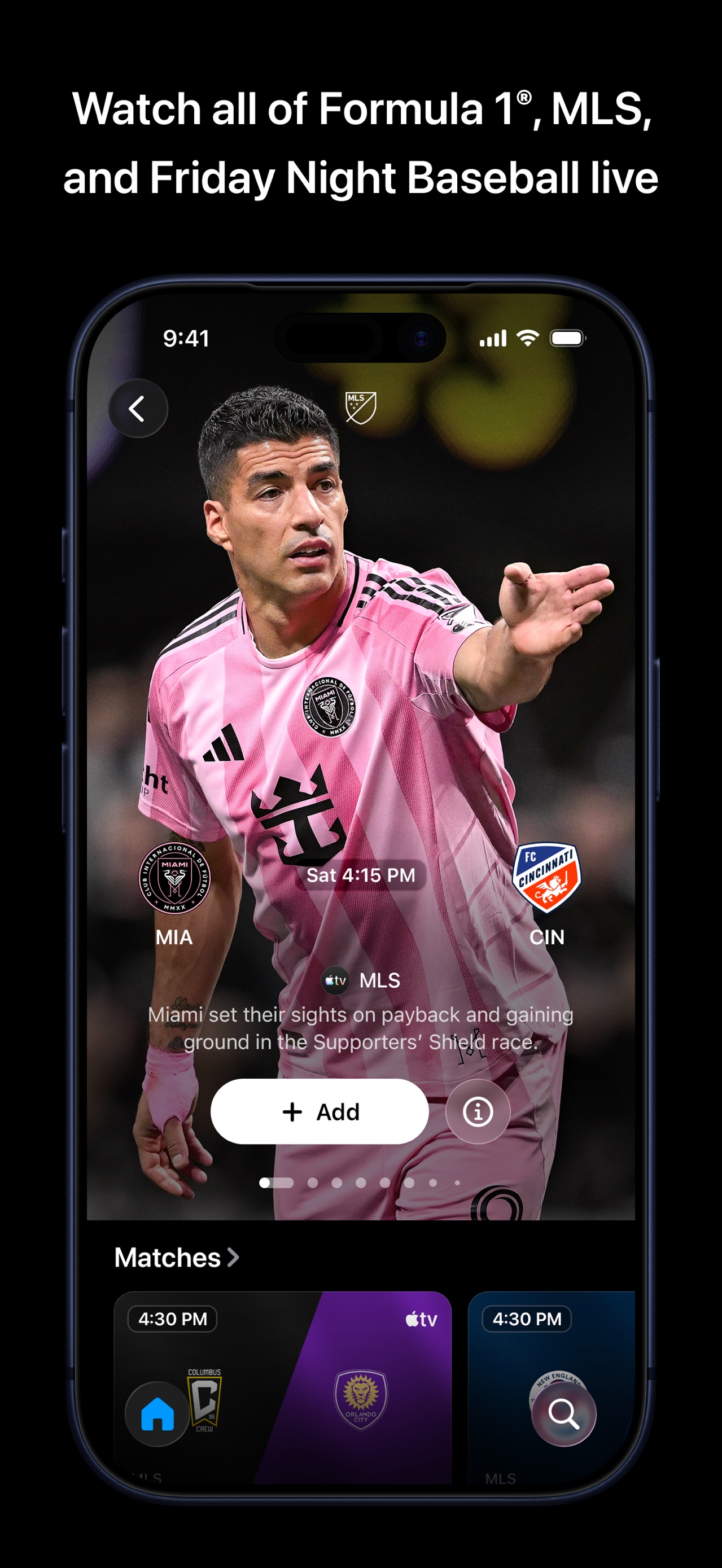 Apple TV App Store screenshot: Watch all o f Formula 1® , MLS,
and Frid ay Night Baseb all live