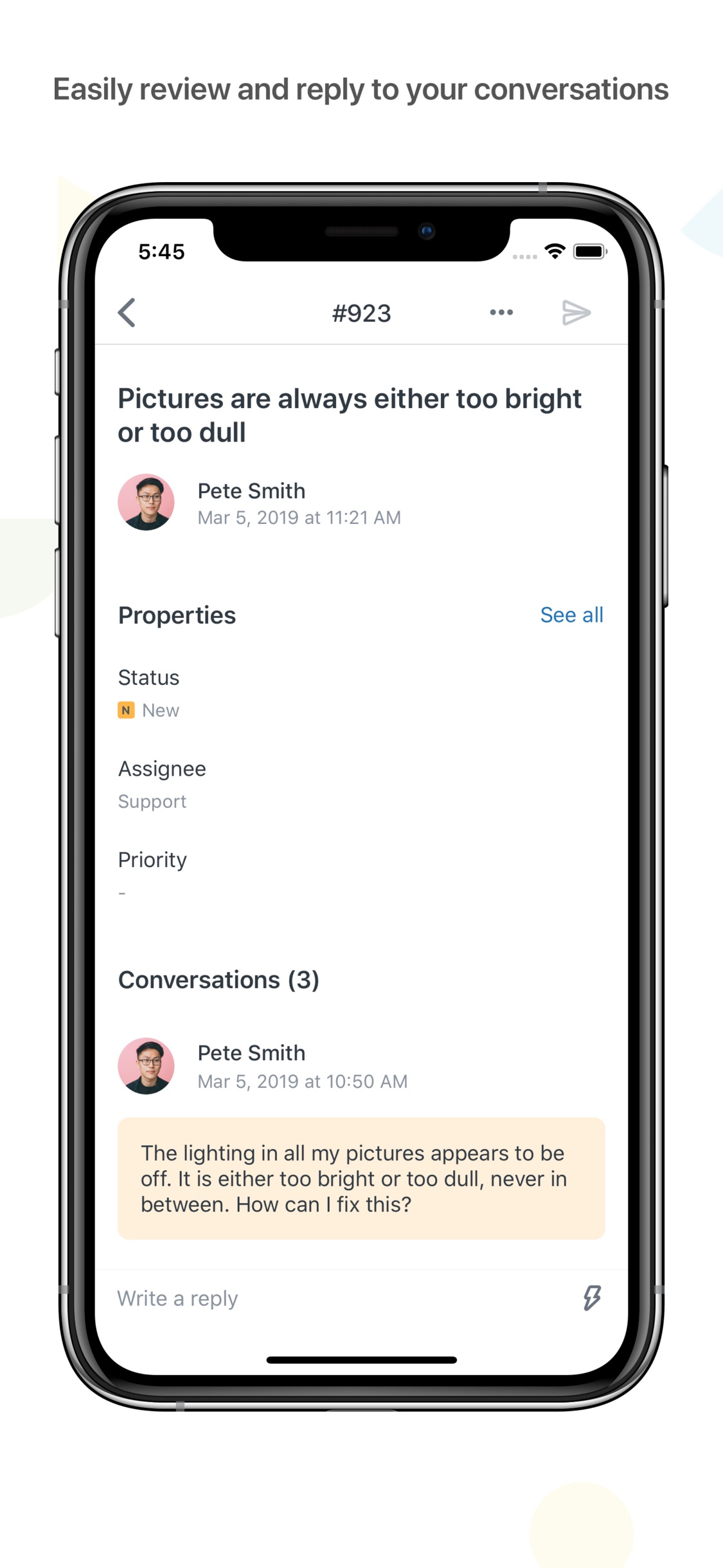 Zendesk Support App Store screenshot: Easily review and reply to your conversations