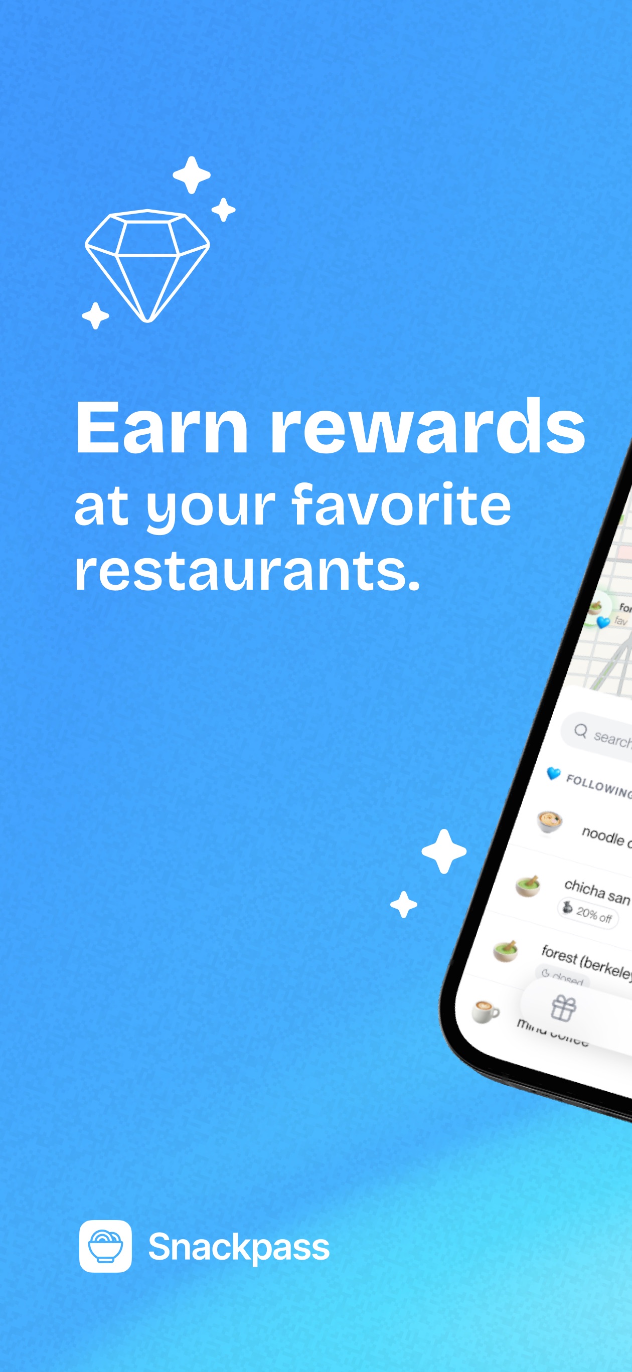 Snackpass App Store screenshot: Earn rewards at your favorite restaurants.