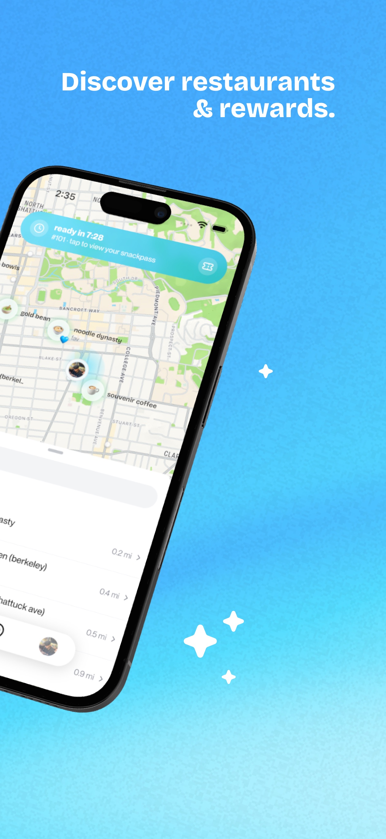 Snackpass App Store screenshot: Discover restaurants & rewards.