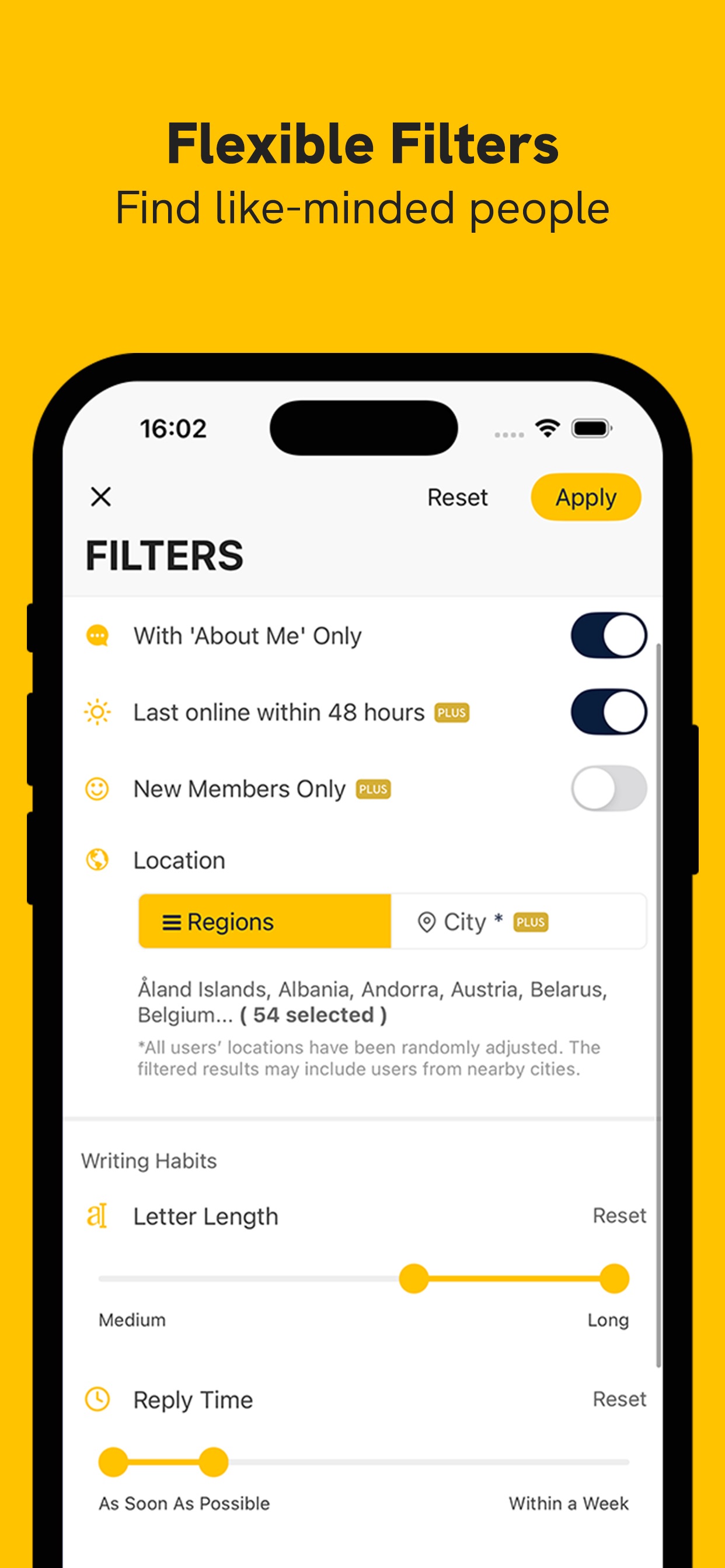Slowly App Store screenshot 6: Flexible Filters Find like-minded people
