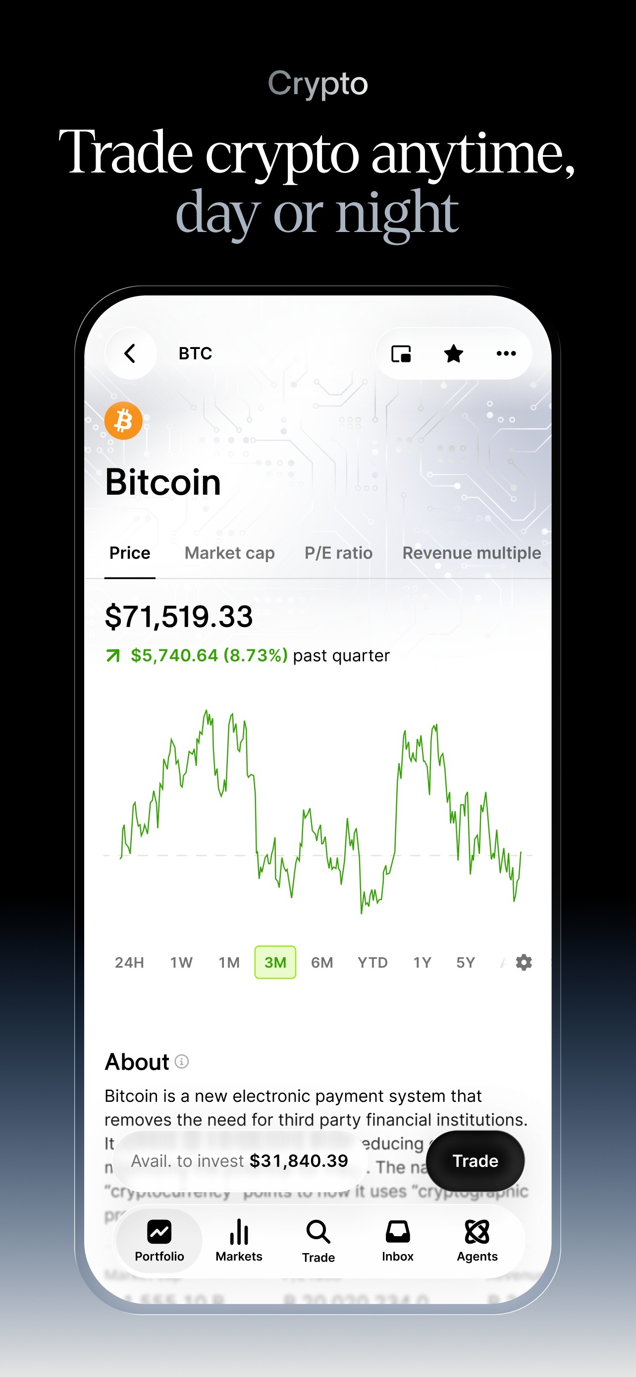 Public App Store screenshot: Crypto
Trade crypto anytime,
day or night