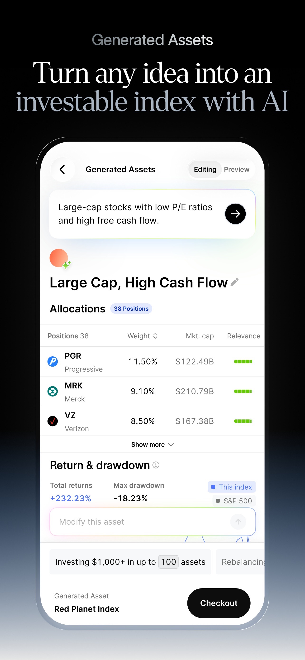 Public App Store screenshot: Generated Assets
Turn any idea into an
investable index with AI