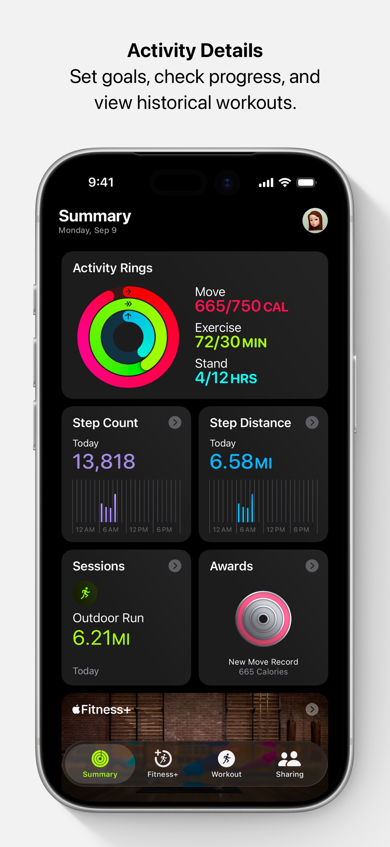 Apple Fitness App Store screenshot: Activity Details Set goals, check progress, and view historical workouts.
