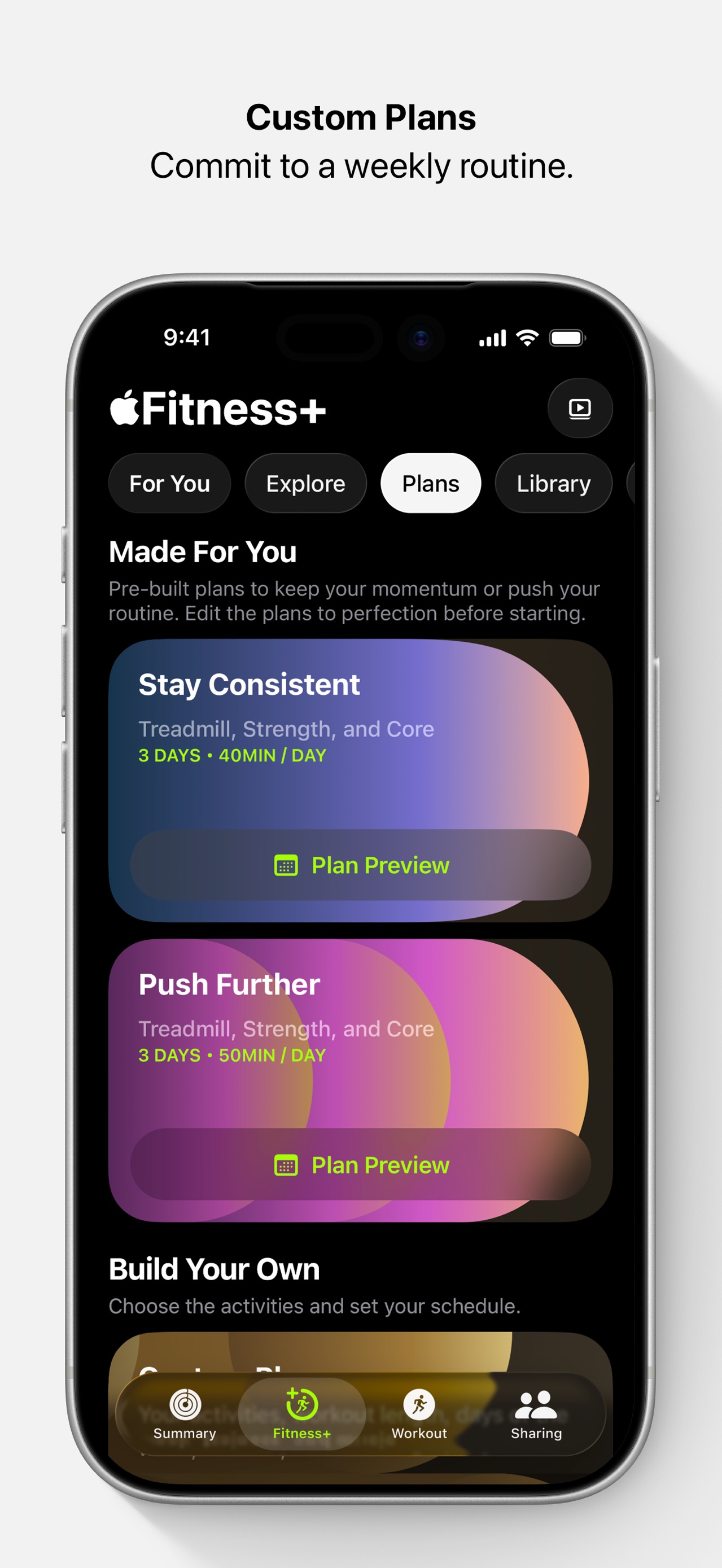 Apple Fitness App Store screenshot: Custom Plans Commit to a weekly routine.