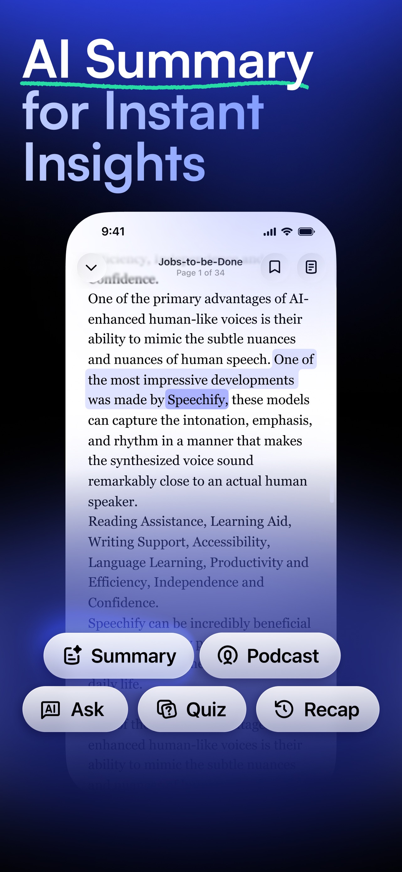 Speechify App Store screenshot 8: AI Summary for Instant Insights