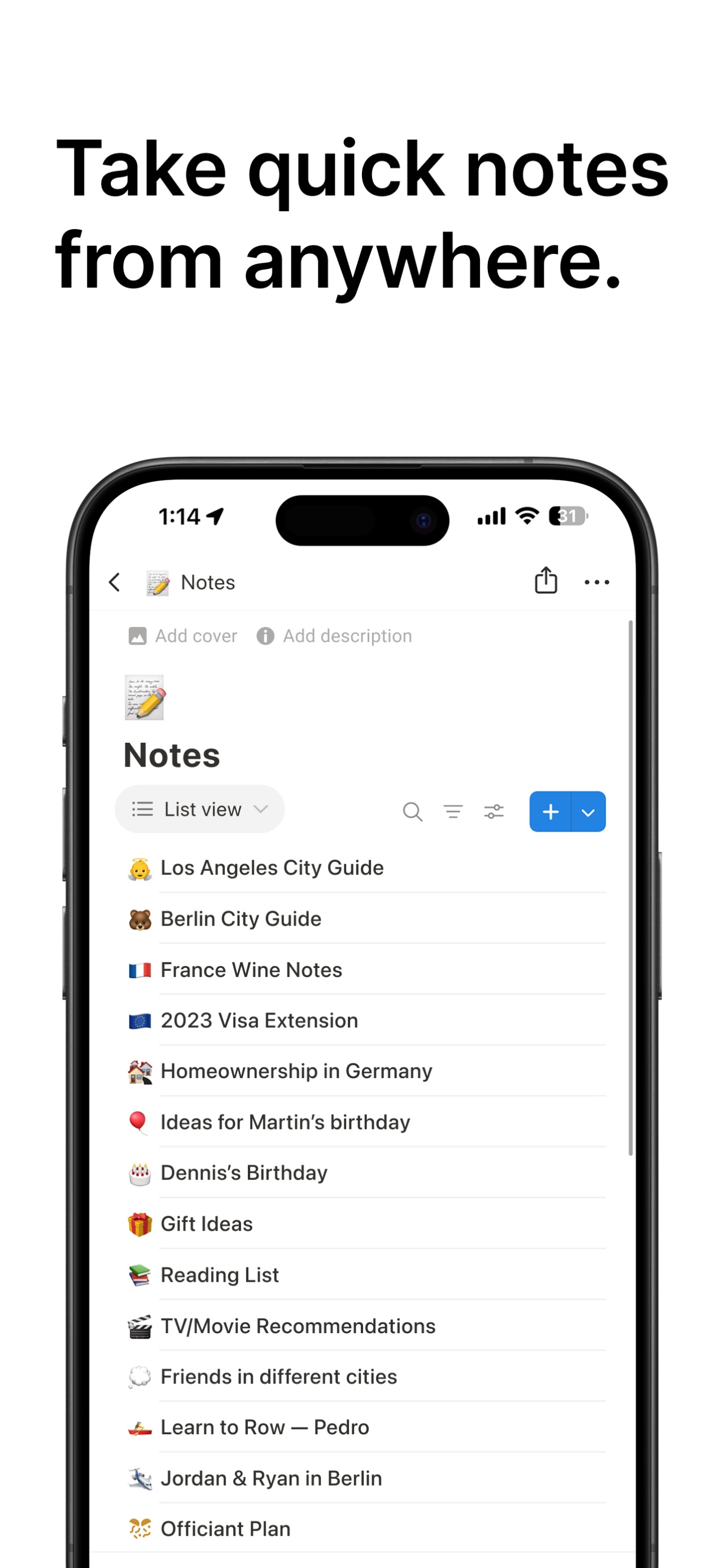 Notion App Store screenshot 5: Take quick notes from anywhere.