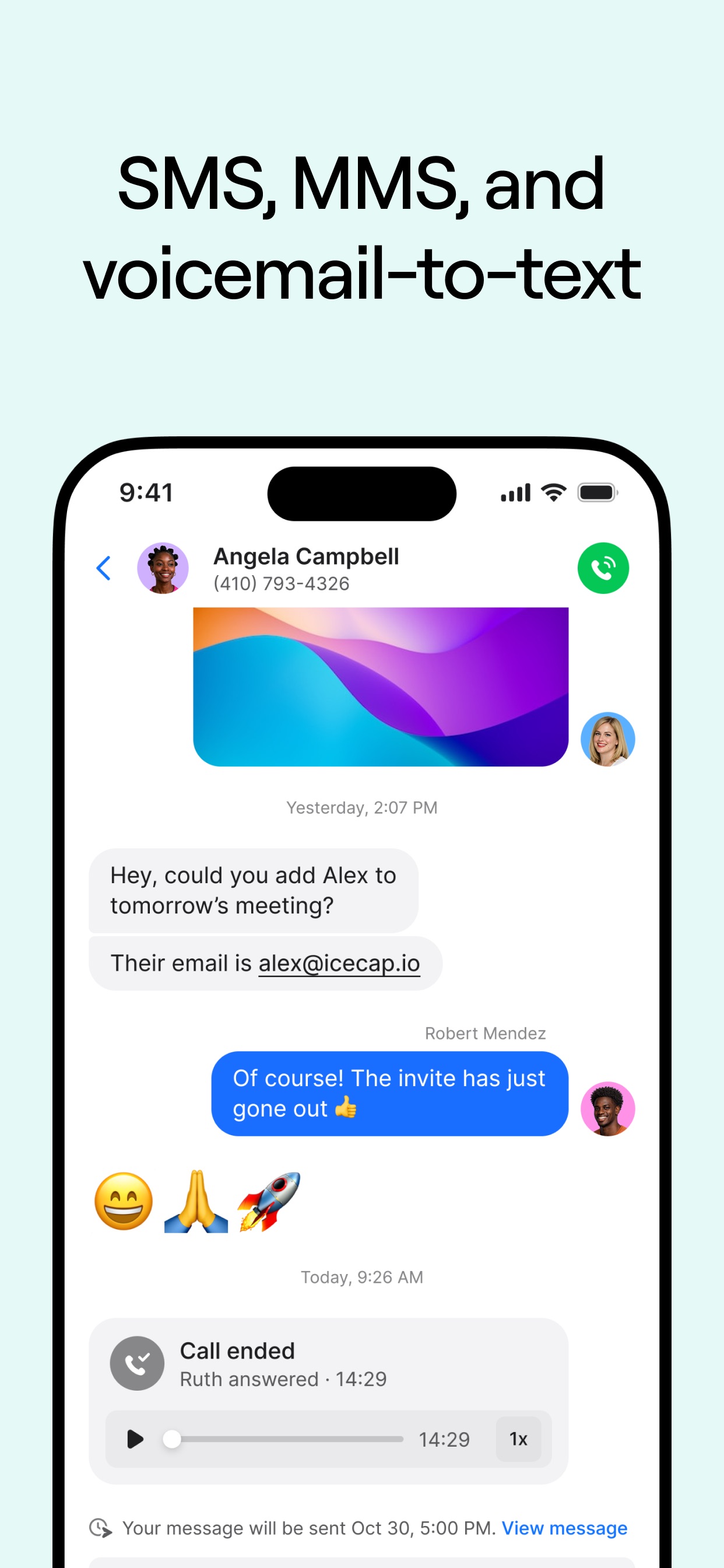OpenPhone App Store screenshot: SMS, MMS, and voicemail-to-text