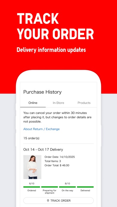 UNIQLO App Store screenshot: TRACK YOUR ORDER Delivery information updates