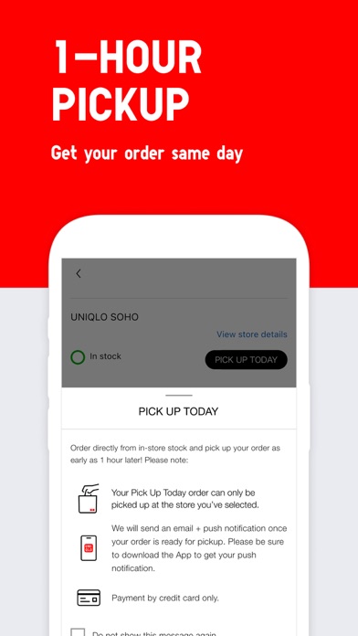 UNIQLO App Store screenshot 8: 1-HOUR PICKUP Get your order same day