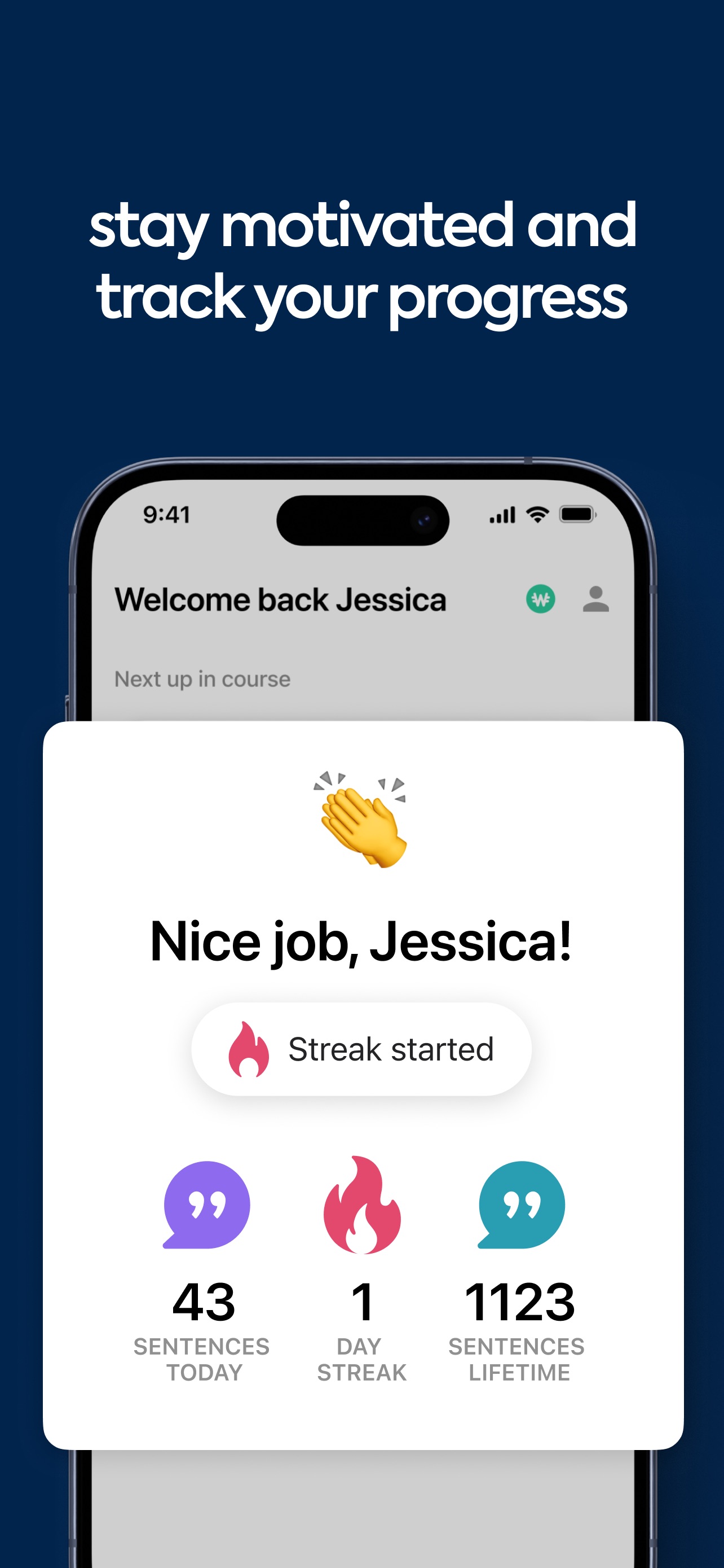 Speak App Store screenshot: stay motivated and track your progress