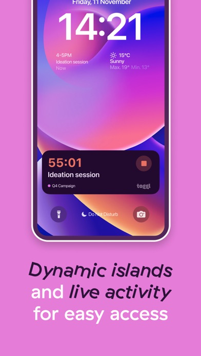 Toggl Track App Store screenshot 7: Dynamic islands and live activity for easy access