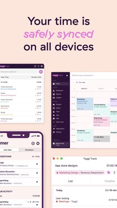 Toggl Track App Store screenshot: Your time is safely synced on all devices