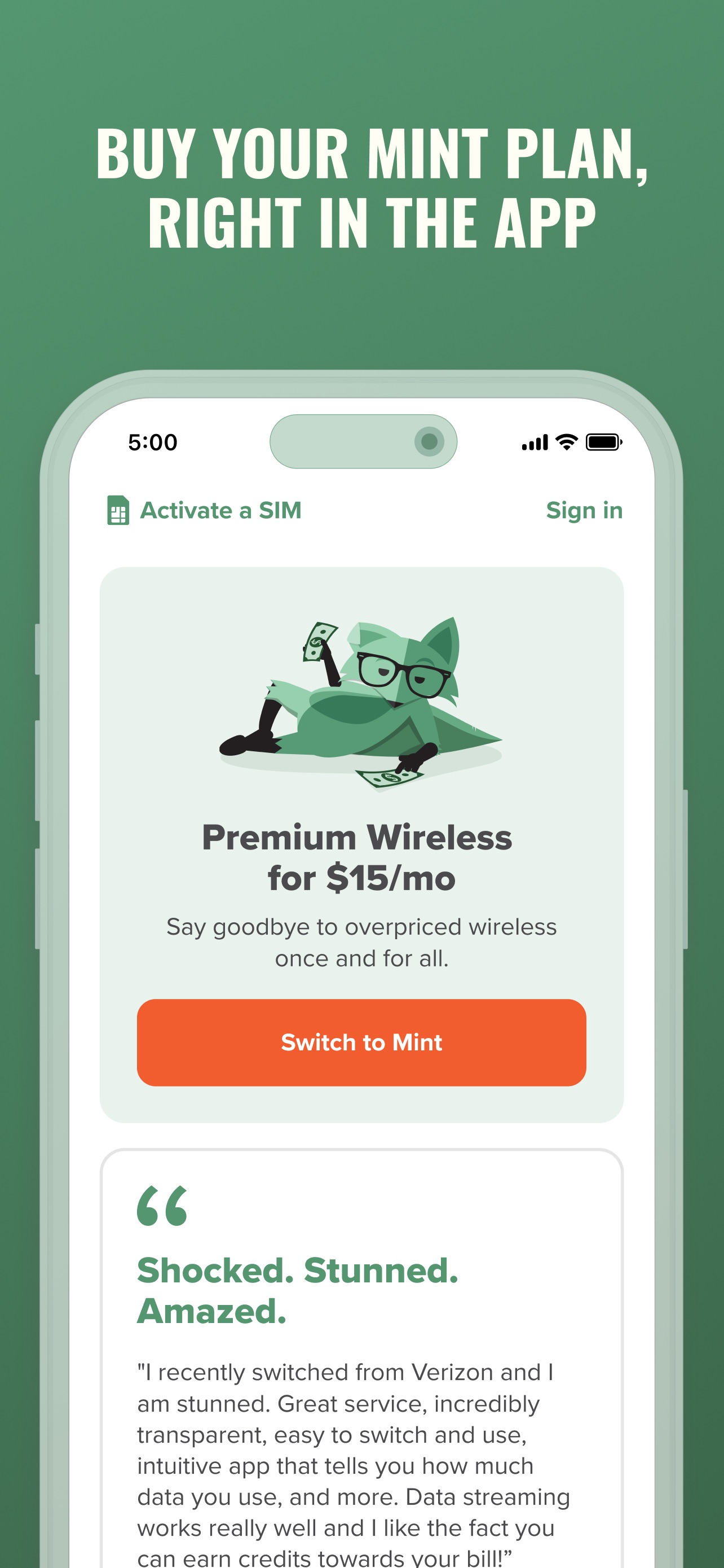 Mint App Store screenshot: BUY YOUR MINT PLAN, RIGHT IN THE APP