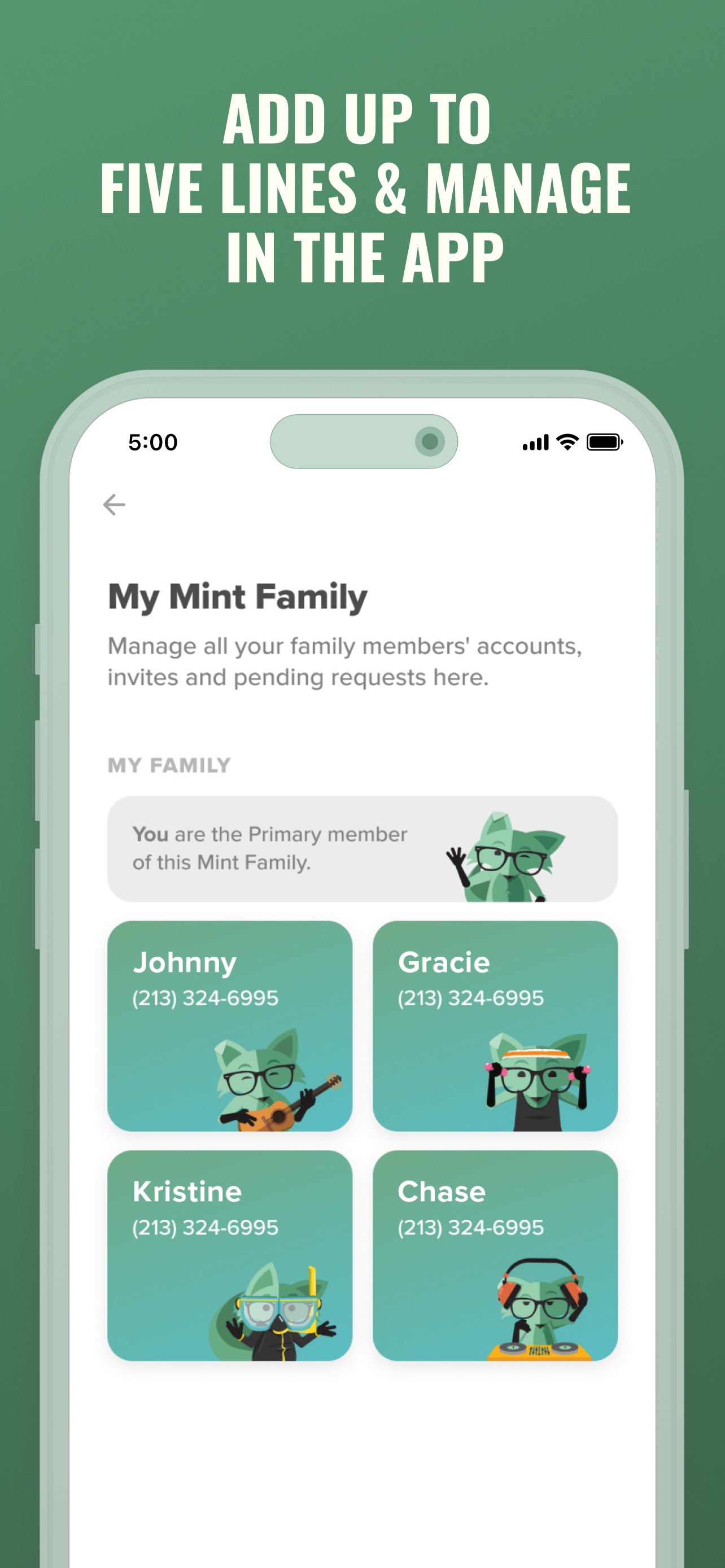 Mint App Store screenshot 5: ADD UP TO FIVE LINES & MANAGE IN THE APP