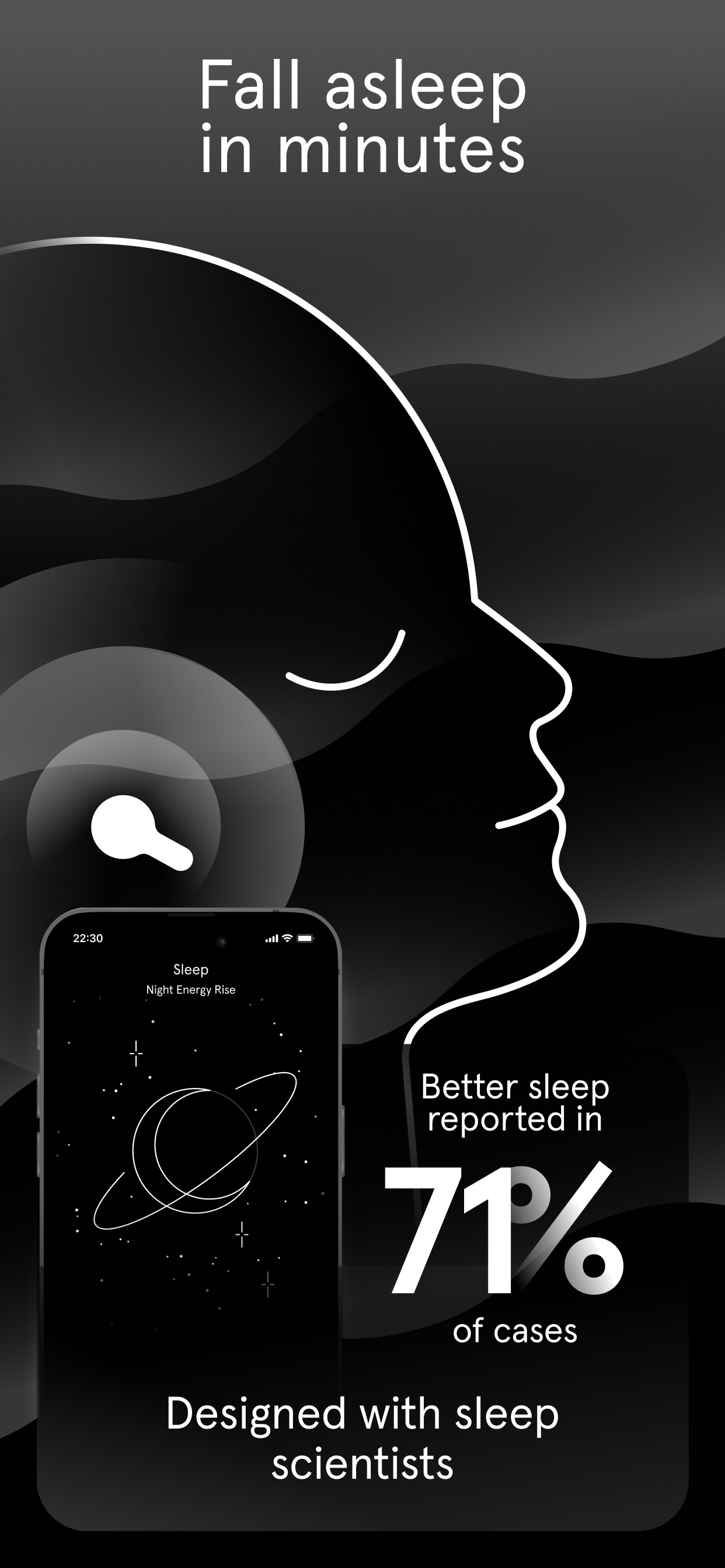 Endel App Store screenshot 5: Fall asleep in minutes Better sleep reported in 71% of cases Designed with sleep scientists