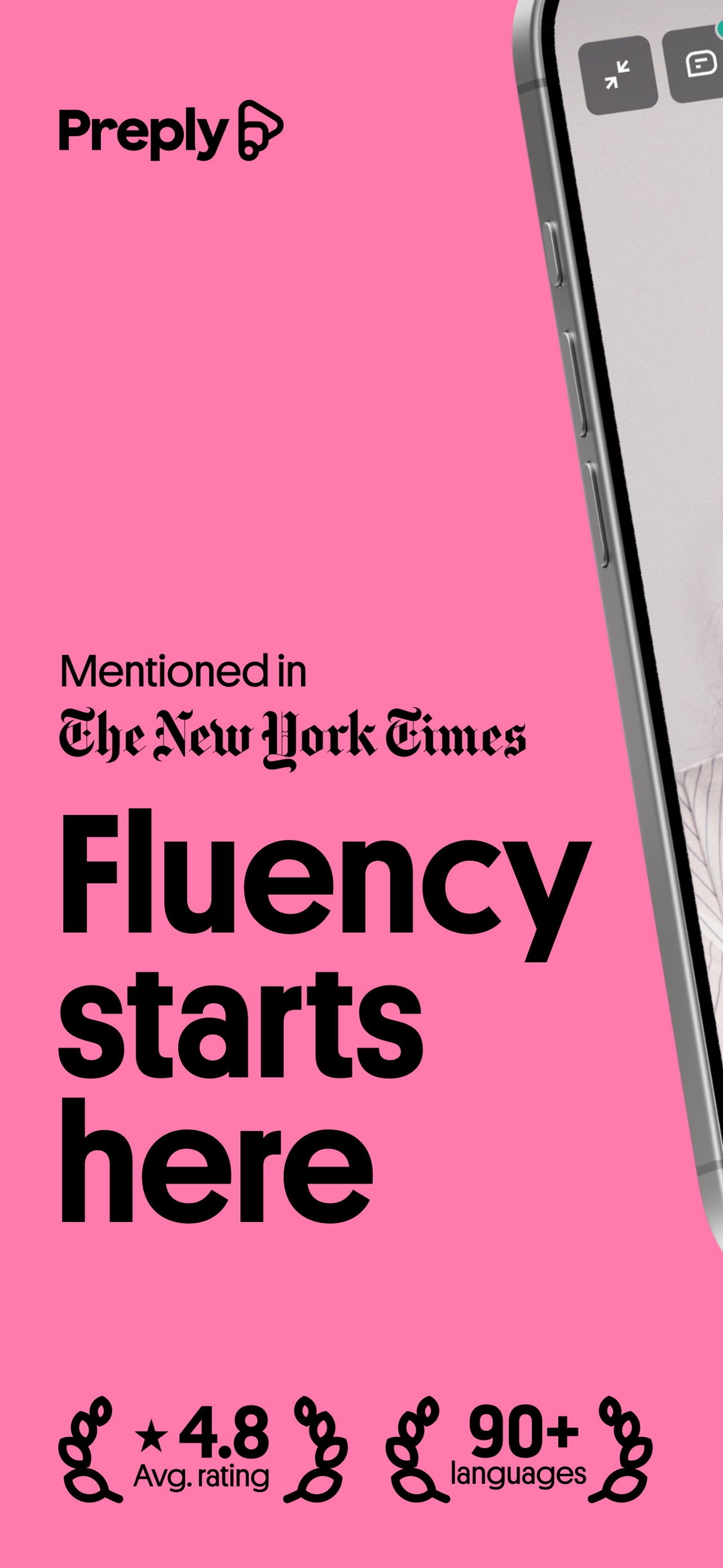 Preply App Store screenshot: Mentioned in The New York Times Fluency starts here