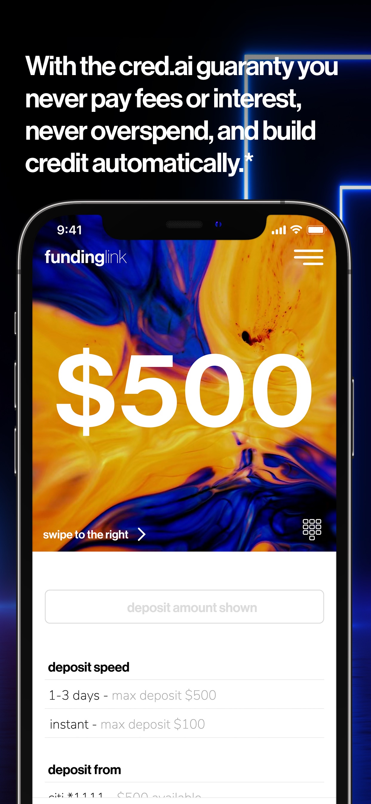 CRED App Store screenshot: With the cred.ai guaranty you never pay fees or interest, never overspend, and build credit automatically.*