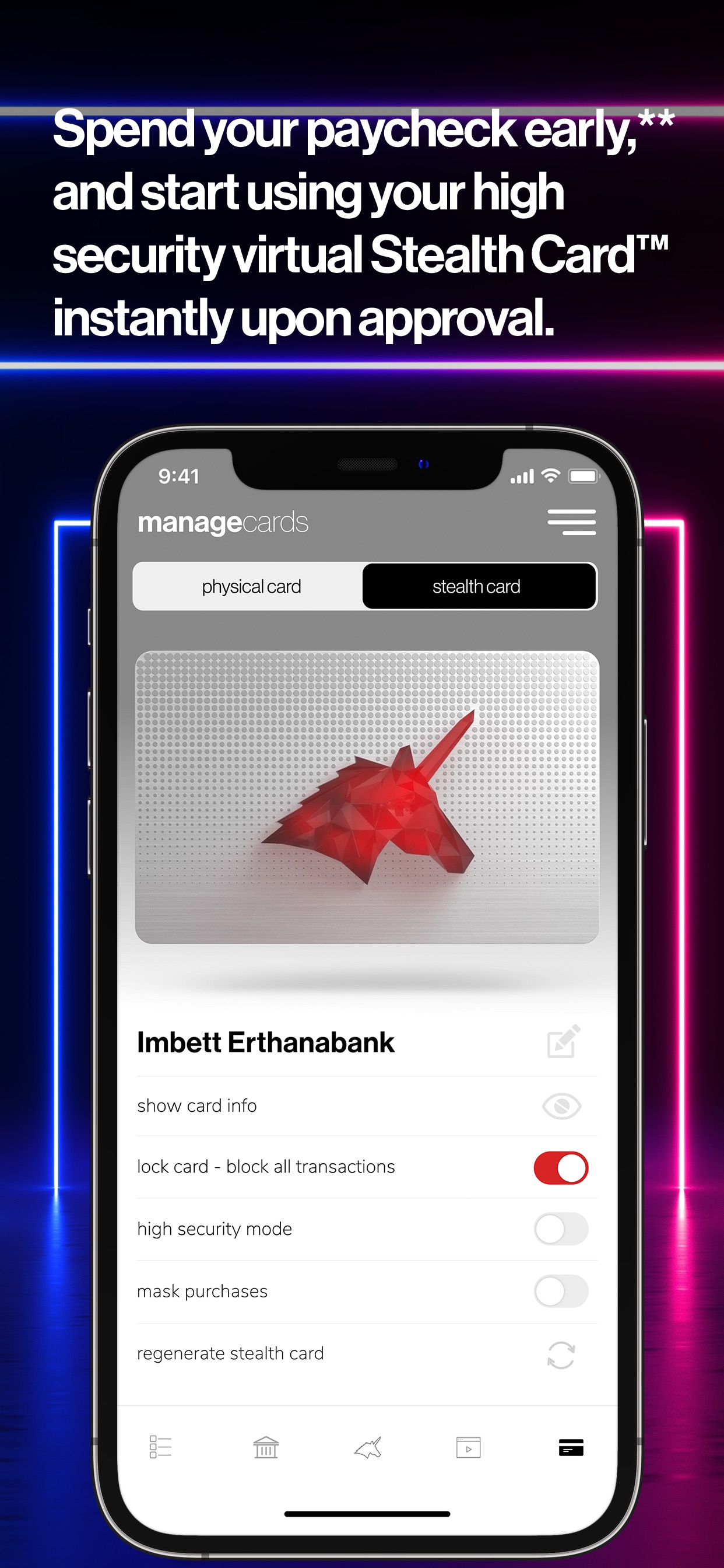 CRED App Store screenshot 5: Spend your paycheck early,** and start using your high security virtual Stealth Card™ instantly upon approval.